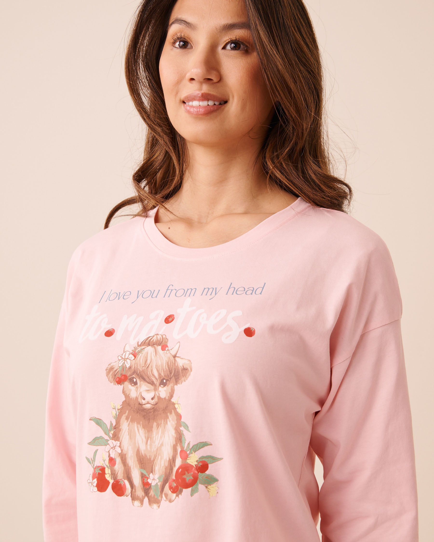 LA VIE EN ROSE Chandail manches longues en coton imprimé vache écossaise Rose/I love you 40100891 - View3