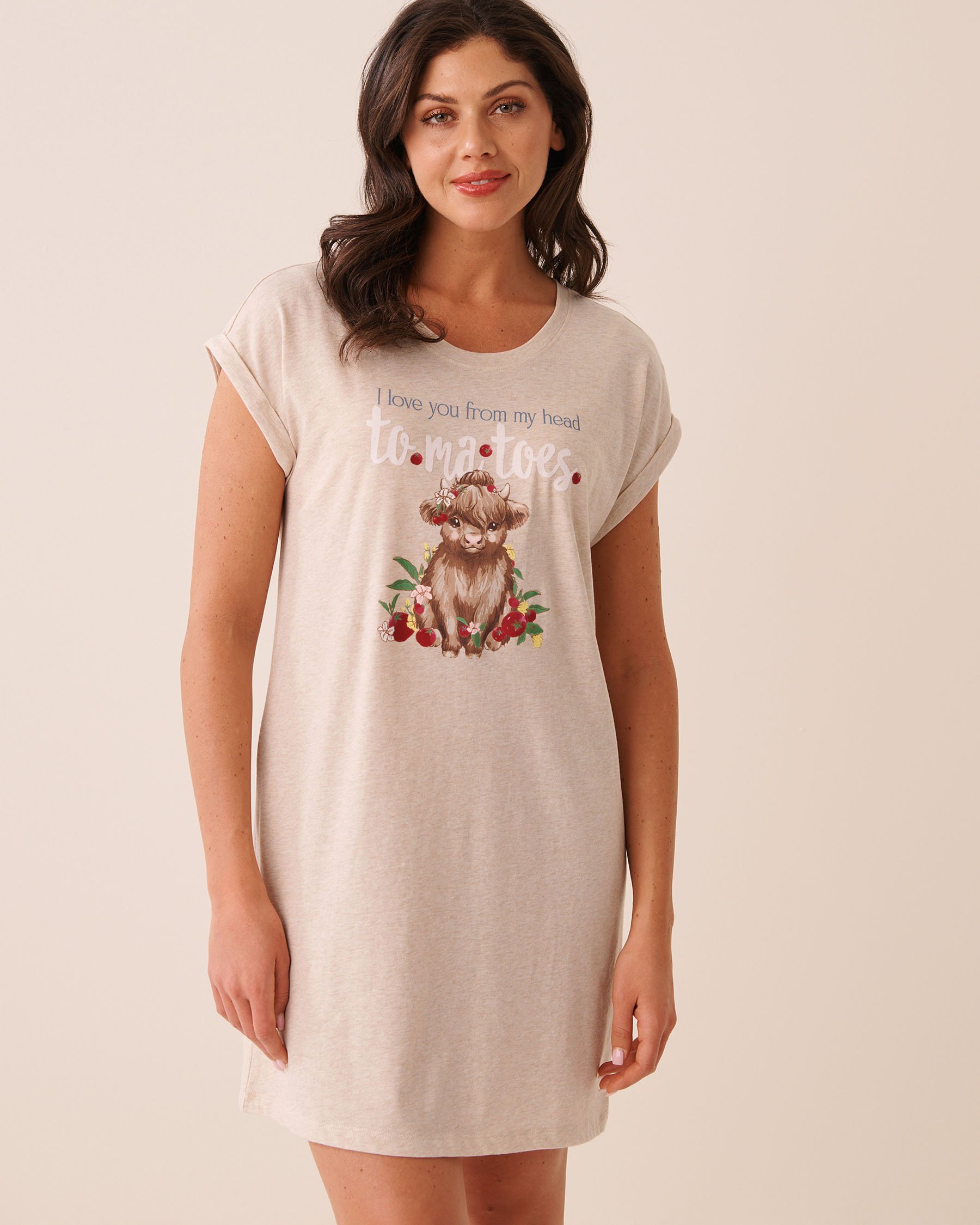 LA VIE EN ROSE Highland Cow Print Cotton Short Sleeve Sleepshirt Beige/I love you 40500501 - View1