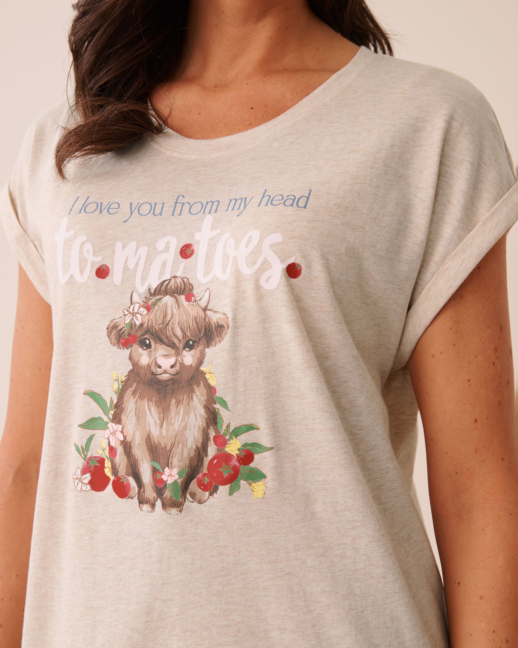 LA VIE EN ROSE Highland Cow Print Cotton Short Sleeve Sleepshirt Beige/I love you 40500501 - View3