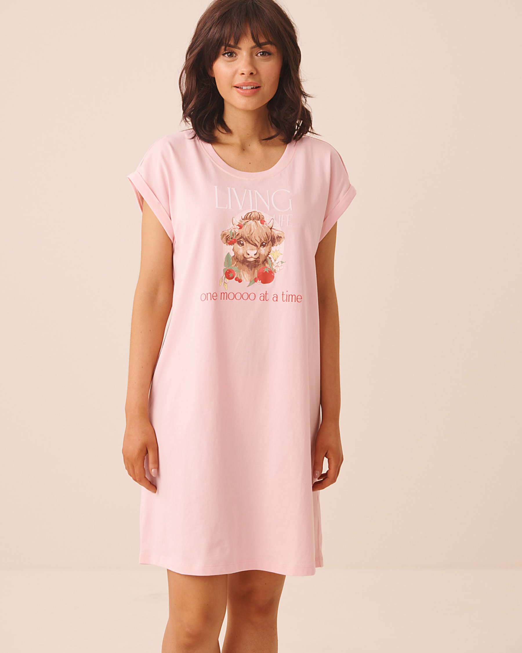 LA VIE EN ROSE Highland Cow Print Cotton Short Sleeve Sleepshirt Pink/Living Life 40500501 - View1