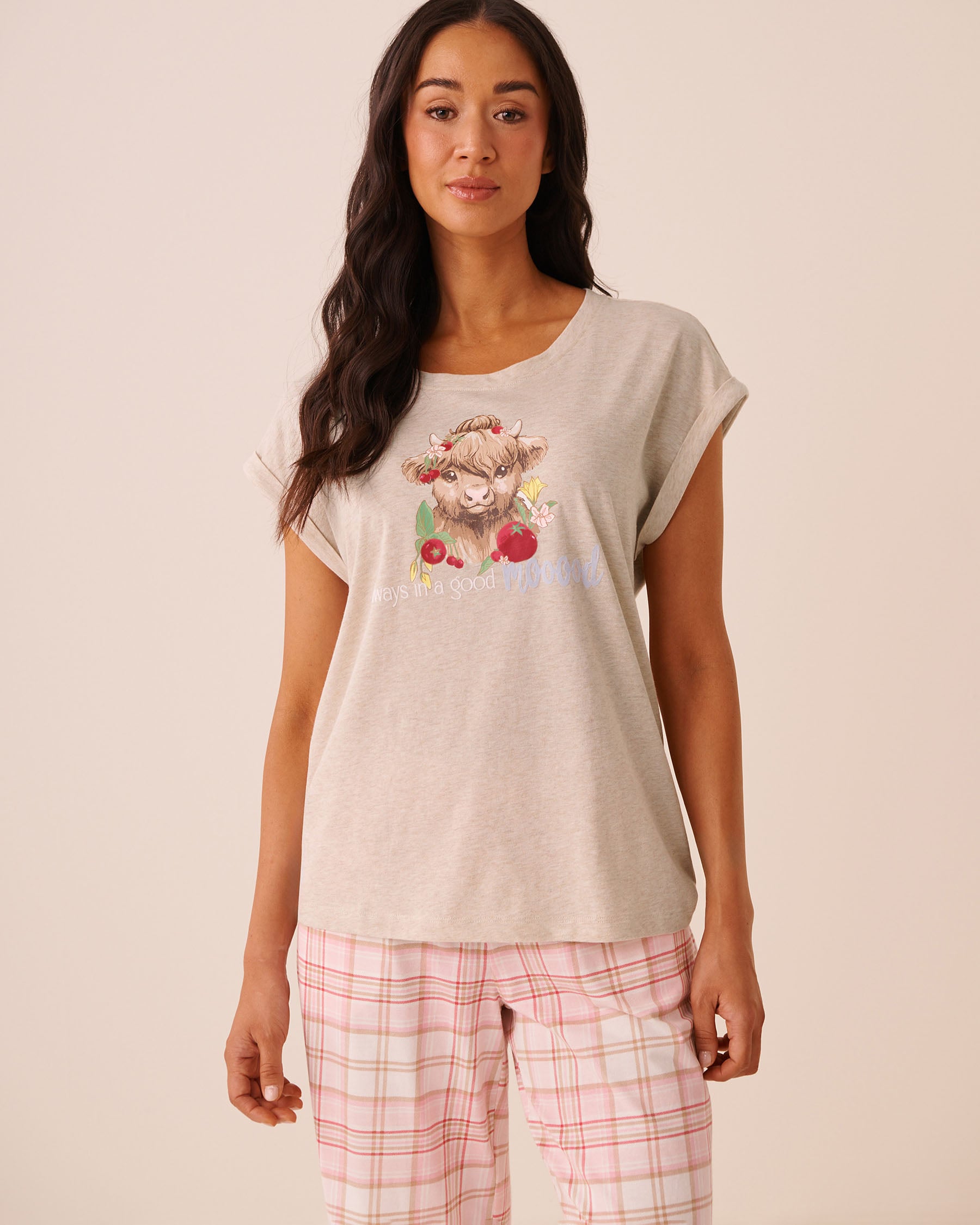 LA VIE EN ROSE T-shirt manches courtes en coton imprimé vache écossaise Beige/Good Mood 40100890 - View1