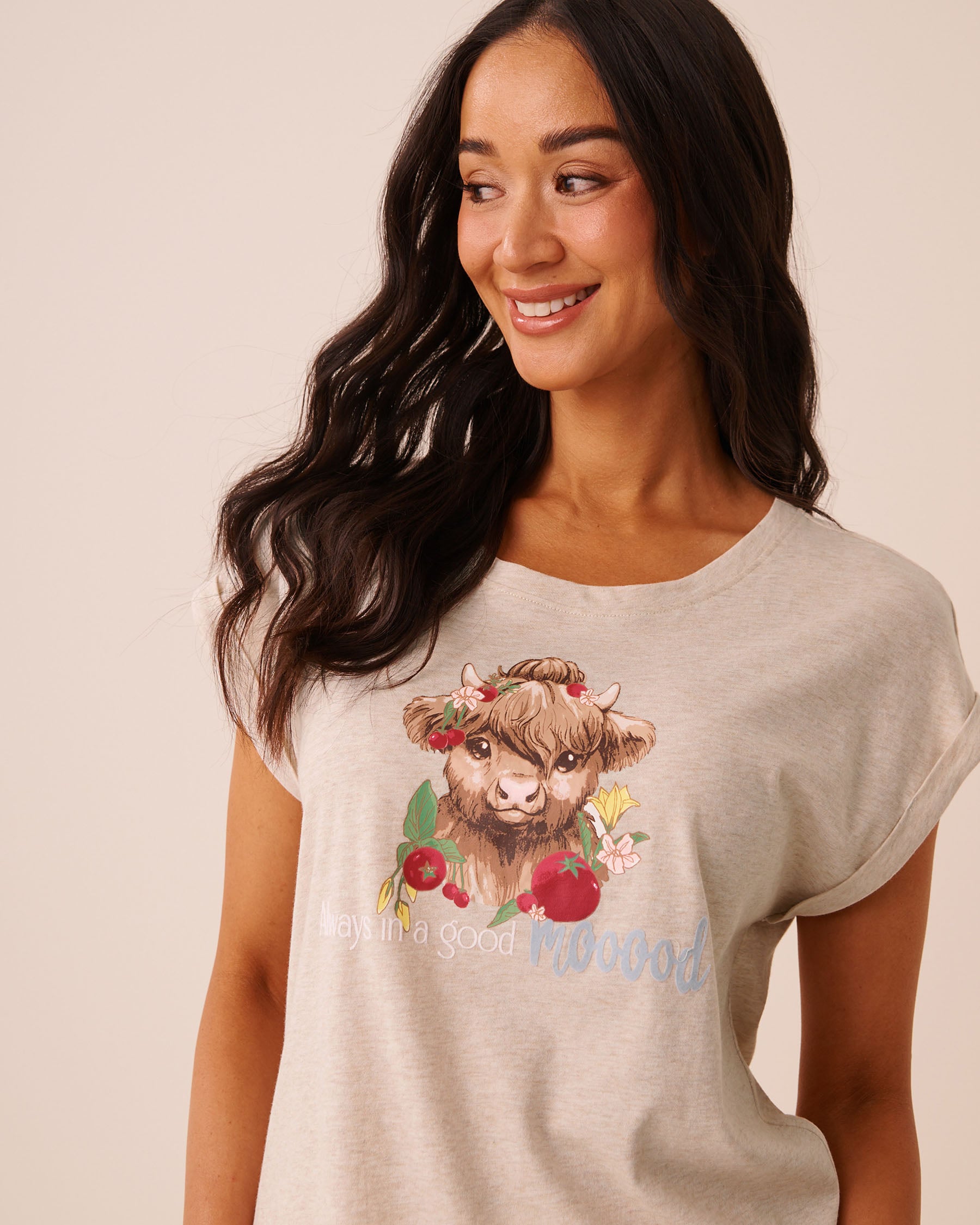 LA VIE EN ROSE T-shirt manches courtes en coton imprimé vache écossaise Beige/Good Mood 40100890 - View3