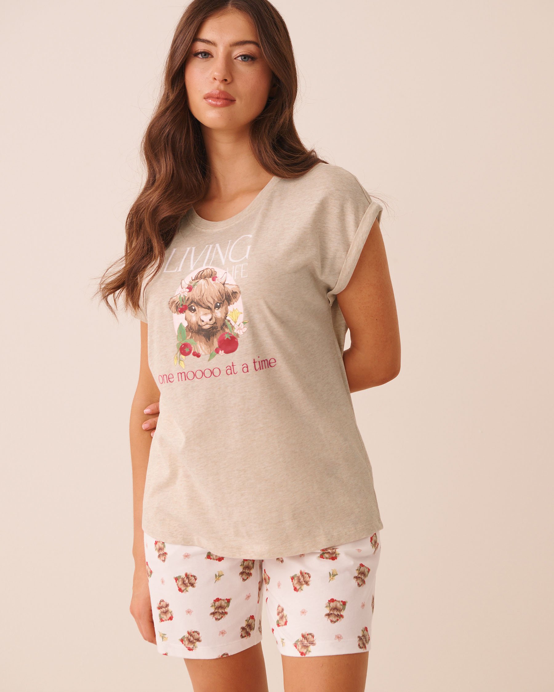 LA VIE EN ROSE T-shirt manches courtes en coton imprimé vache écossaise Beige/Living Life 40100890 - View1