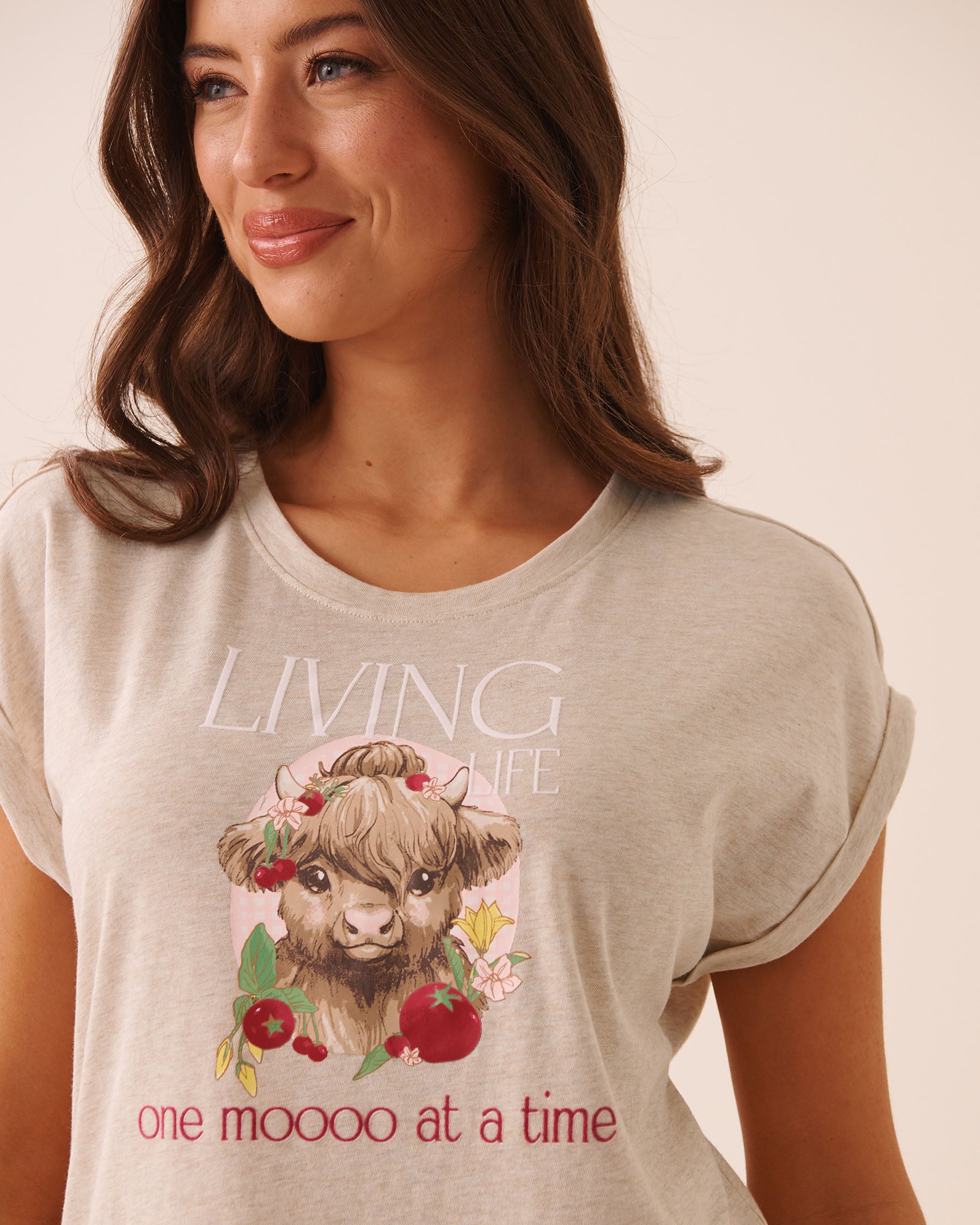 LA VIE EN ROSE T-shirt manches courtes en coton imprimé vache écossaise Beige/Living Life 40100890 - View3