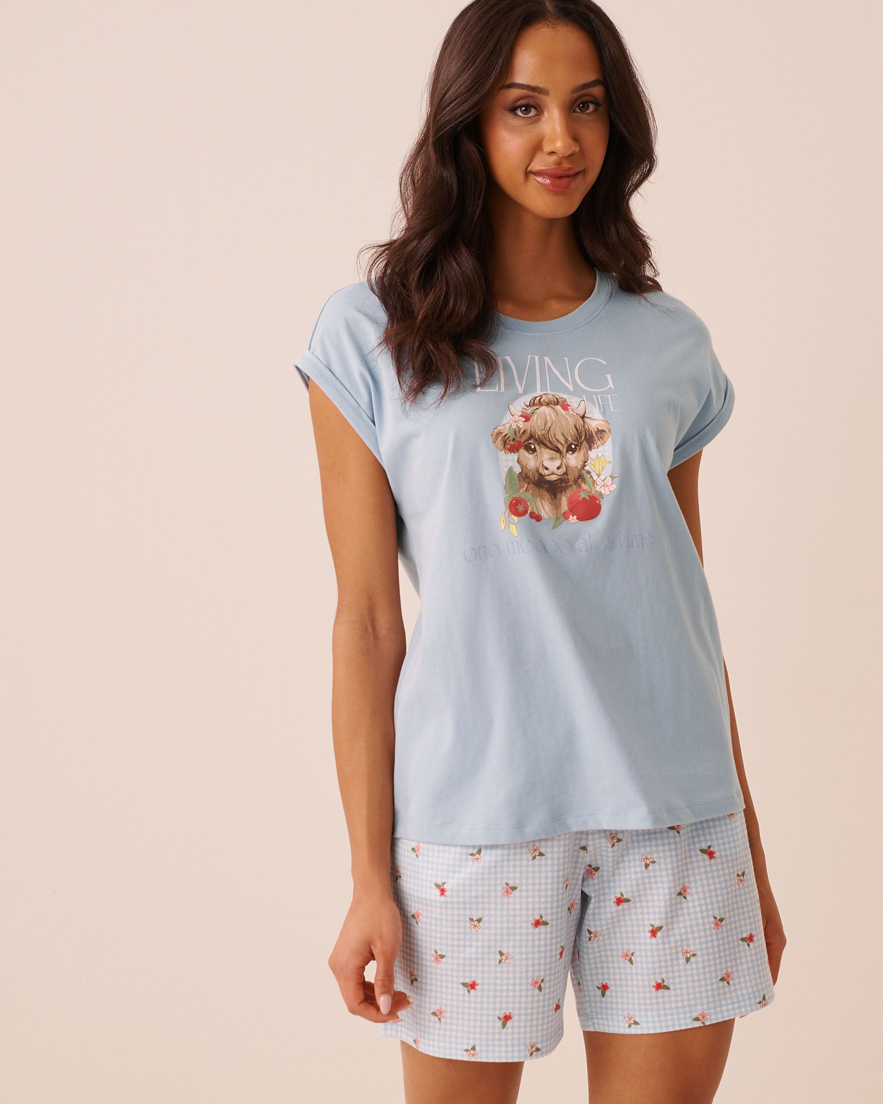 LA VIE EN ROSE Highland Cow Print Cotton Short Sleeve T-shirt Light Blue/Living Life 40100890 - View1