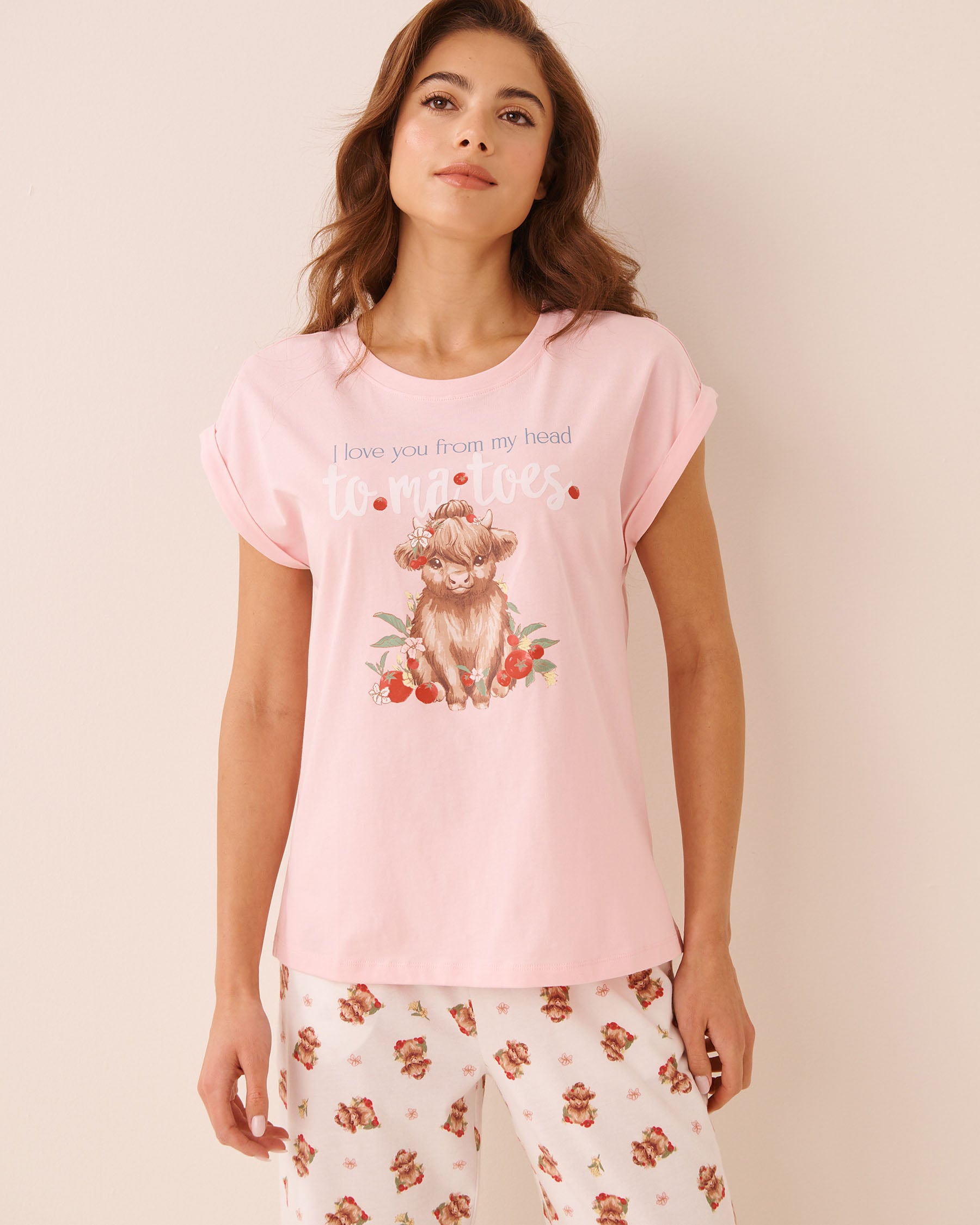 LA VIE EN ROSE T-shirt manches courtes en coton imprimé vache écossaise Rose/I love you 40100890 - View1