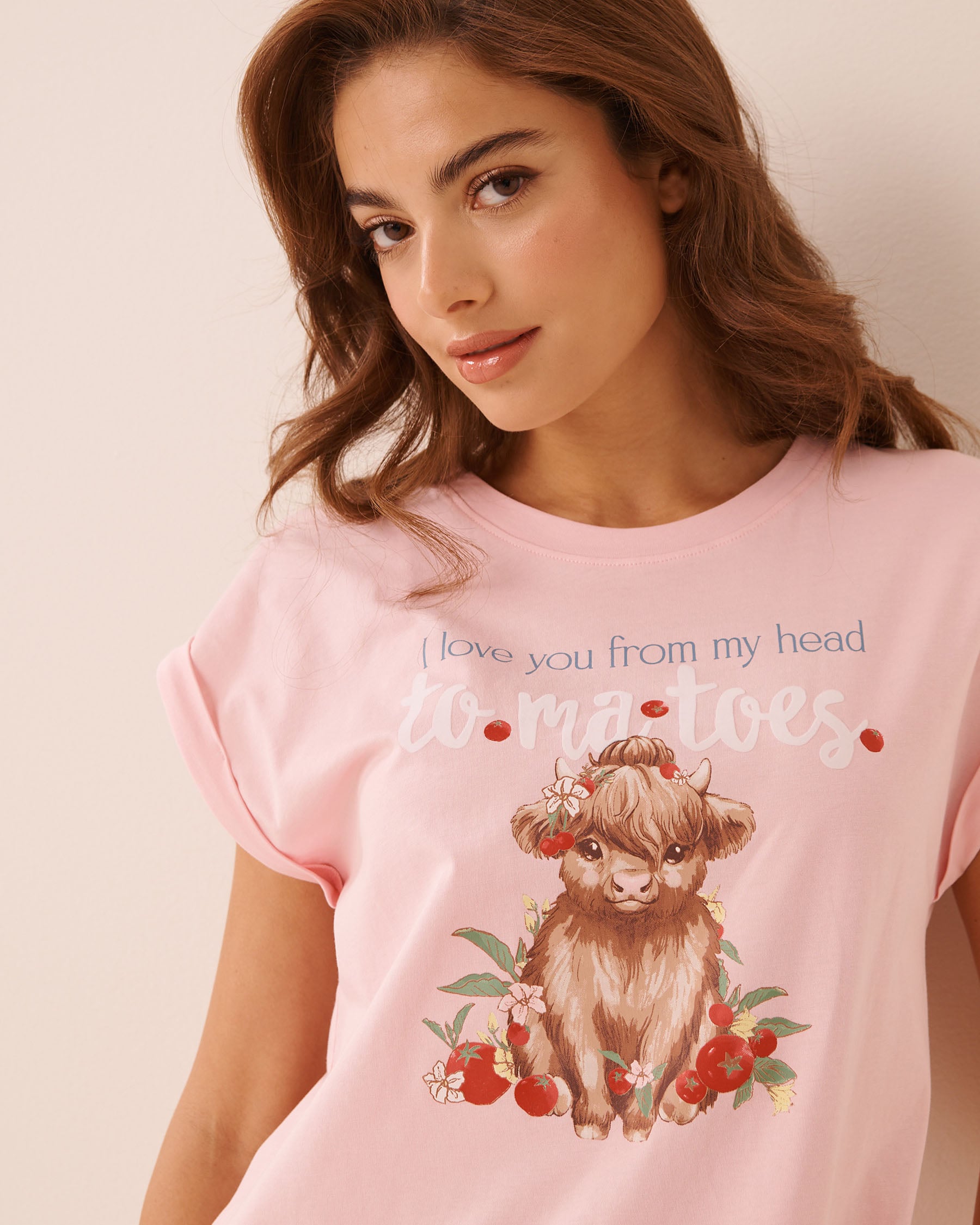 LA VIE EN ROSE T-shirt manches courtes en coton imprimé vache écossaise Rose/I love you 40100890 - View3
