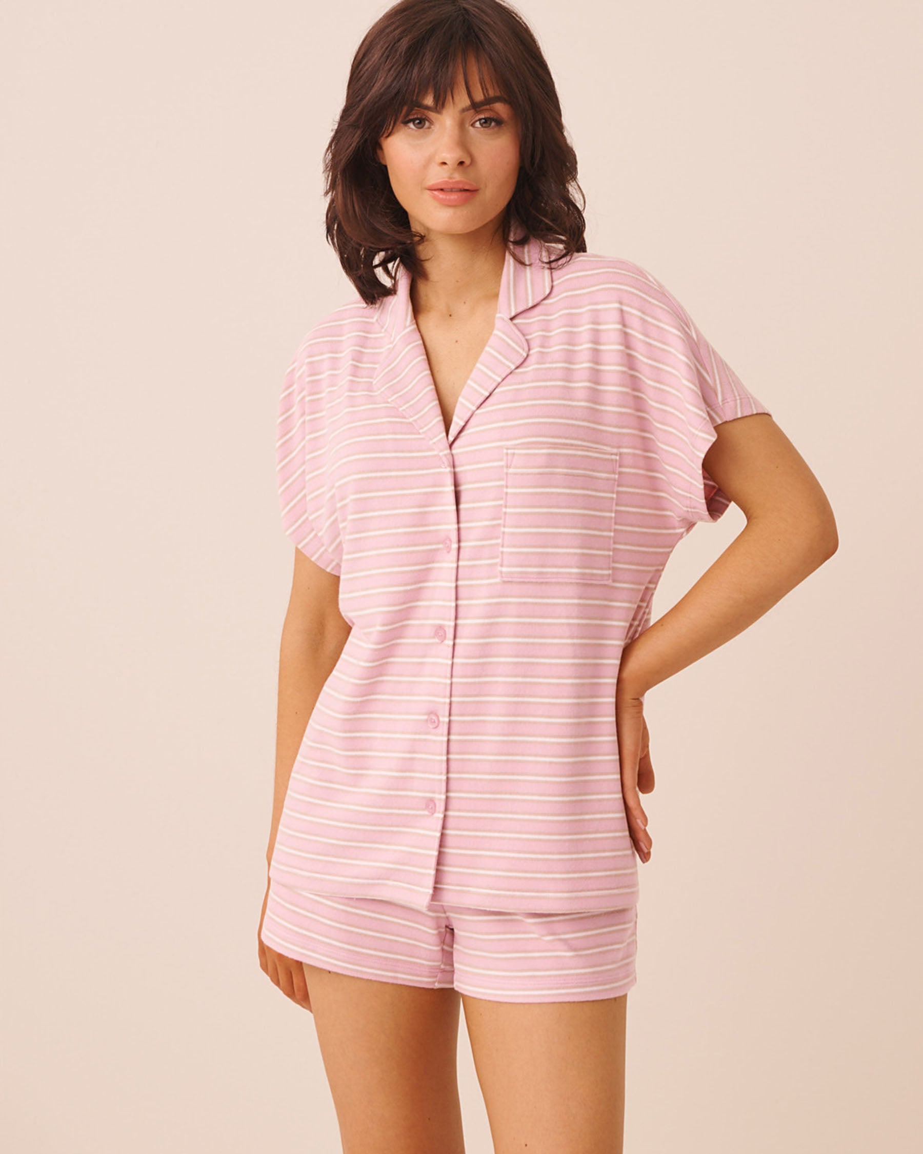 LA VIE EN ROSE Chemisier manches courtes en tricot doux rayures roses Rayures roses 40100884 - View1