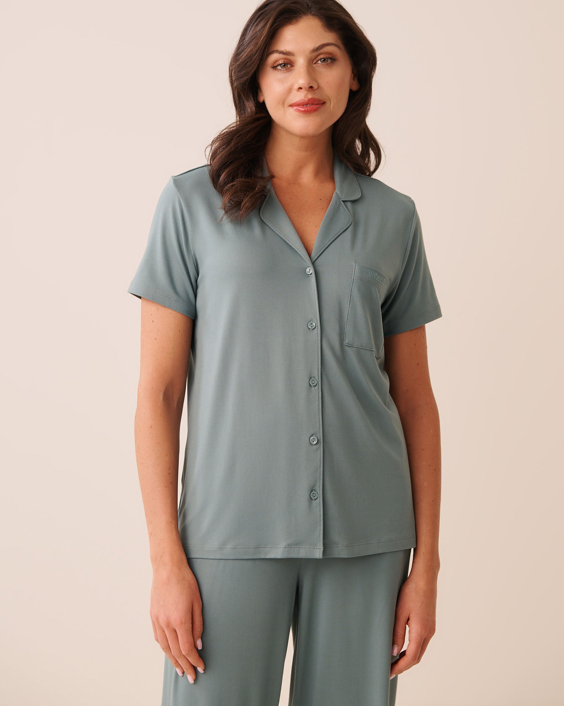 LA VIE EN ROSE Super Soft Short Sleeve Button-down Shirt Grey Blue 40100881 - View1