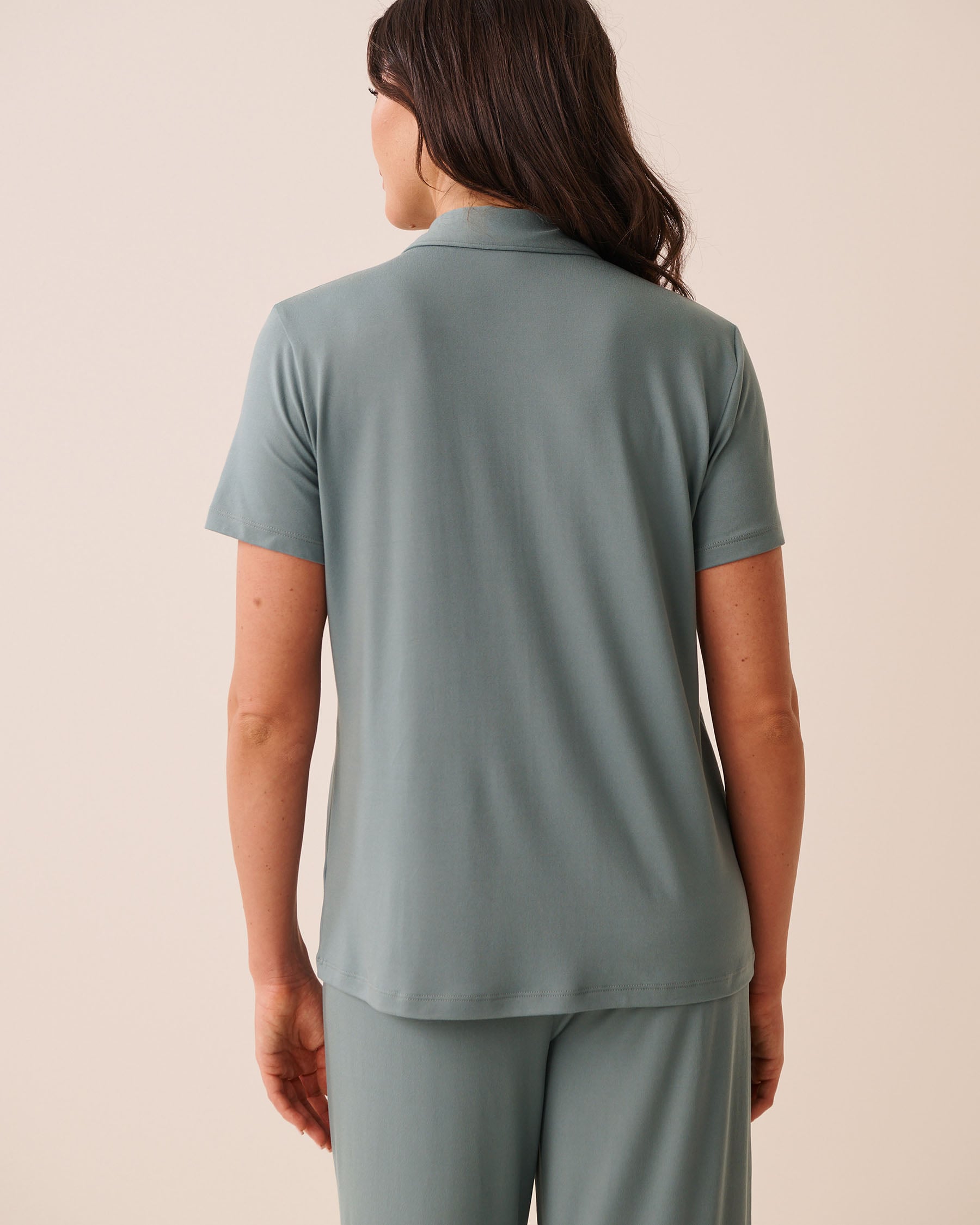 LA VIE EN ROSE Super Soft Short Sleeve Button-down Shirt Grey Blue 40100881 - View2