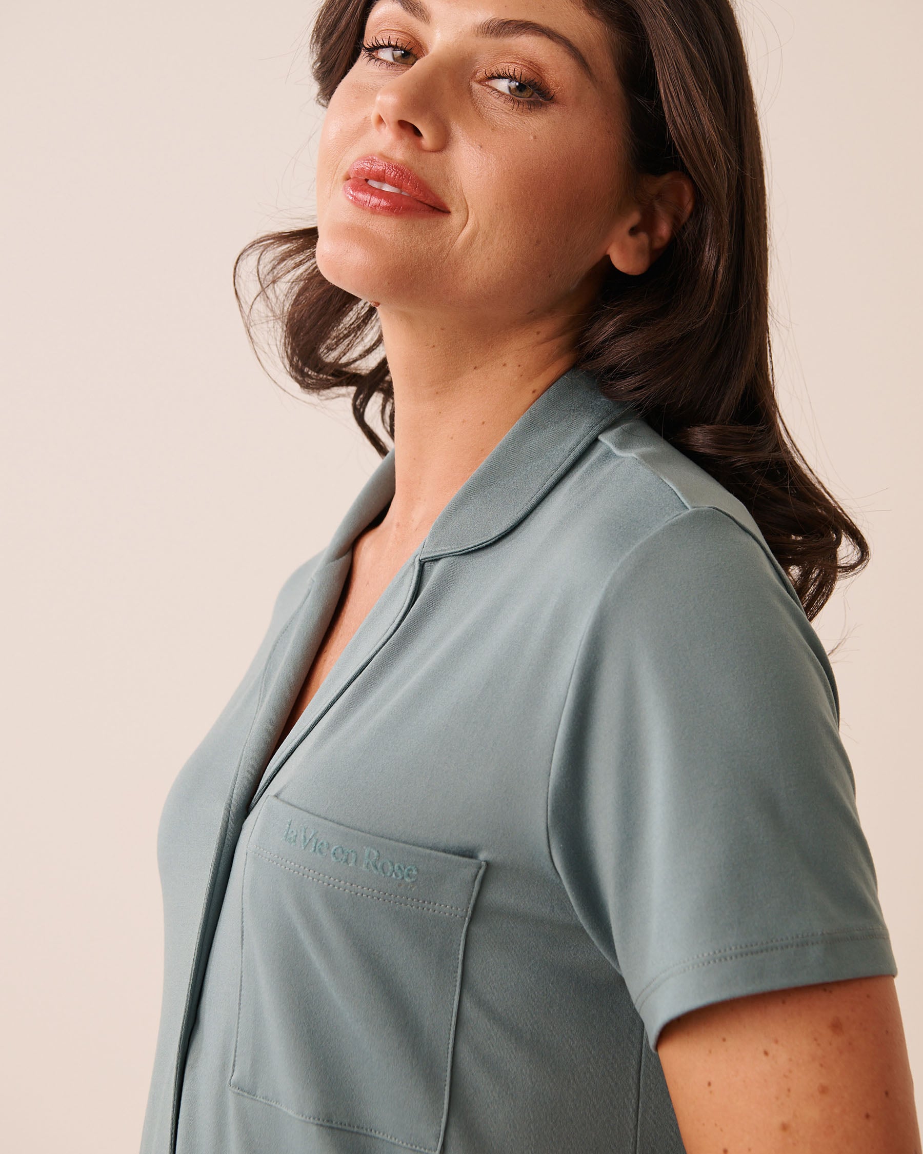 LA VIE EN ROSE Super Soft Short Sleeve Button-down Shirt Grey Blue 40100881 - View3