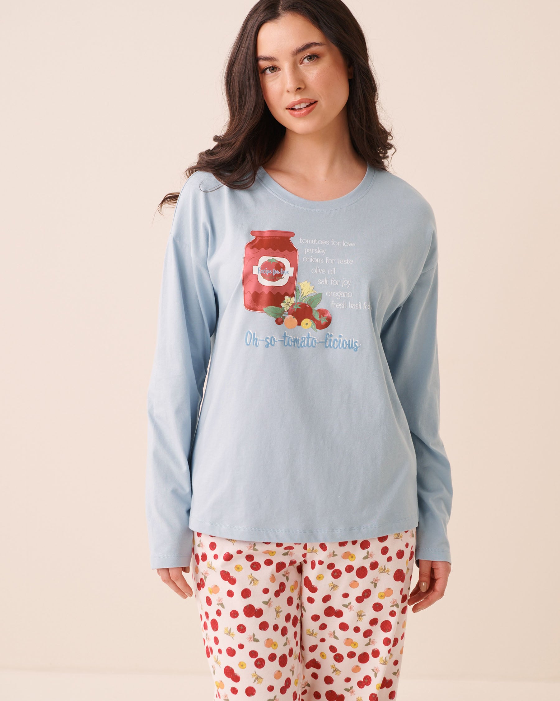 LA VIE EN ROSE Chandail manches longues en coton imprimé sauce tomate Bleu pâle/Sauce tomate 40100891 - View1