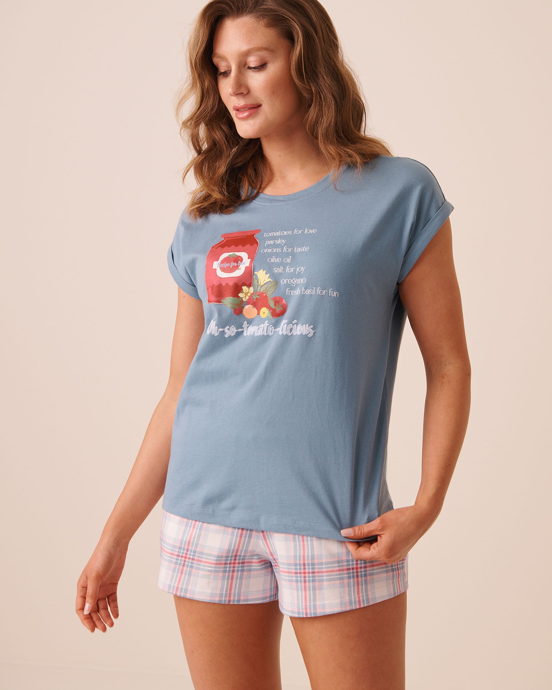 LA VIE EN ROSE Tomato Sauce Print Cotton Short Sleeve T-shirt Blue/Tomato Sauce 40100890 - View1
