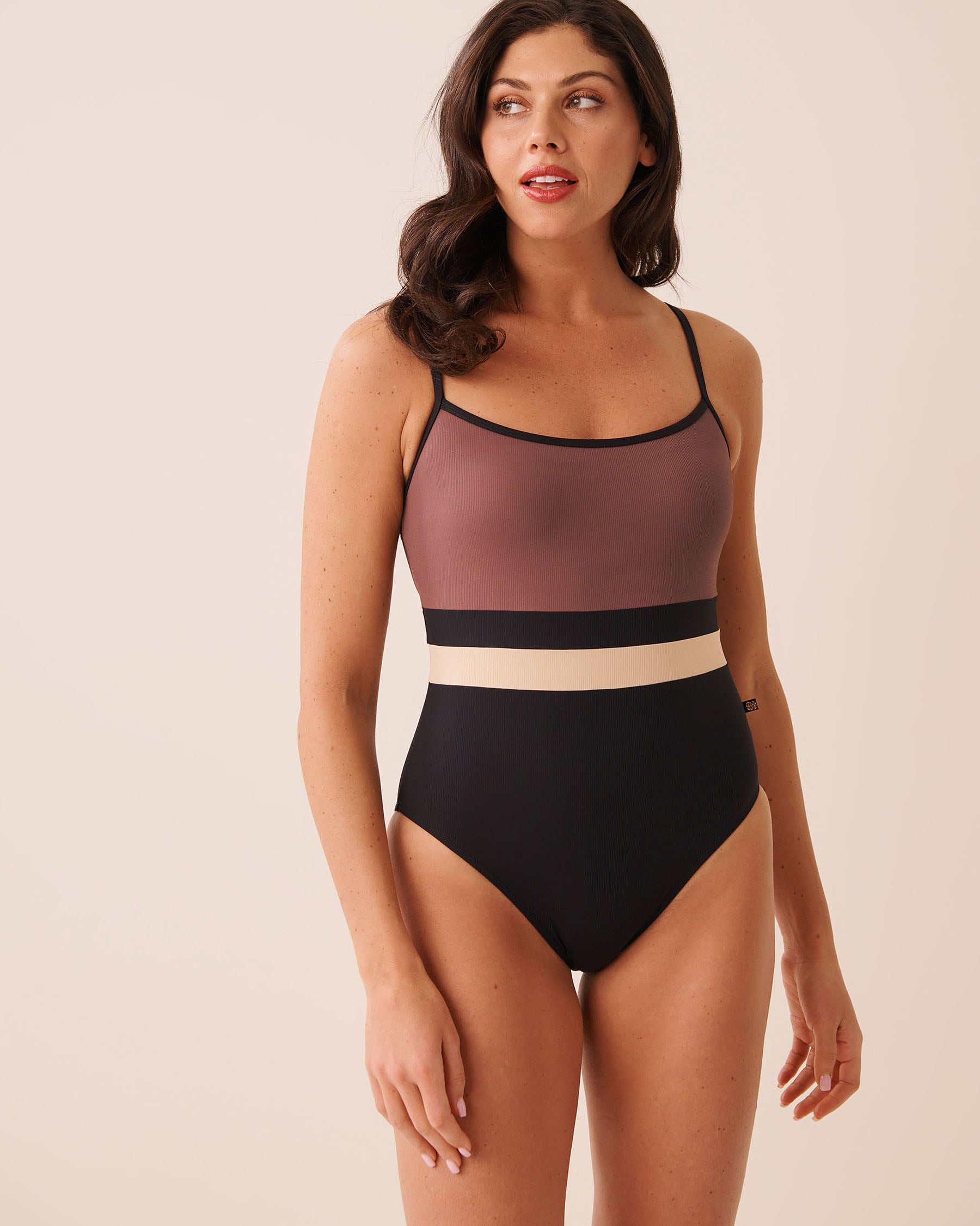 LA VIE EN ROSE AQUA COFFEE BLOCK Scoop Neck One-piece Swimsuit Black/Brown/Beige 70400230 - View1