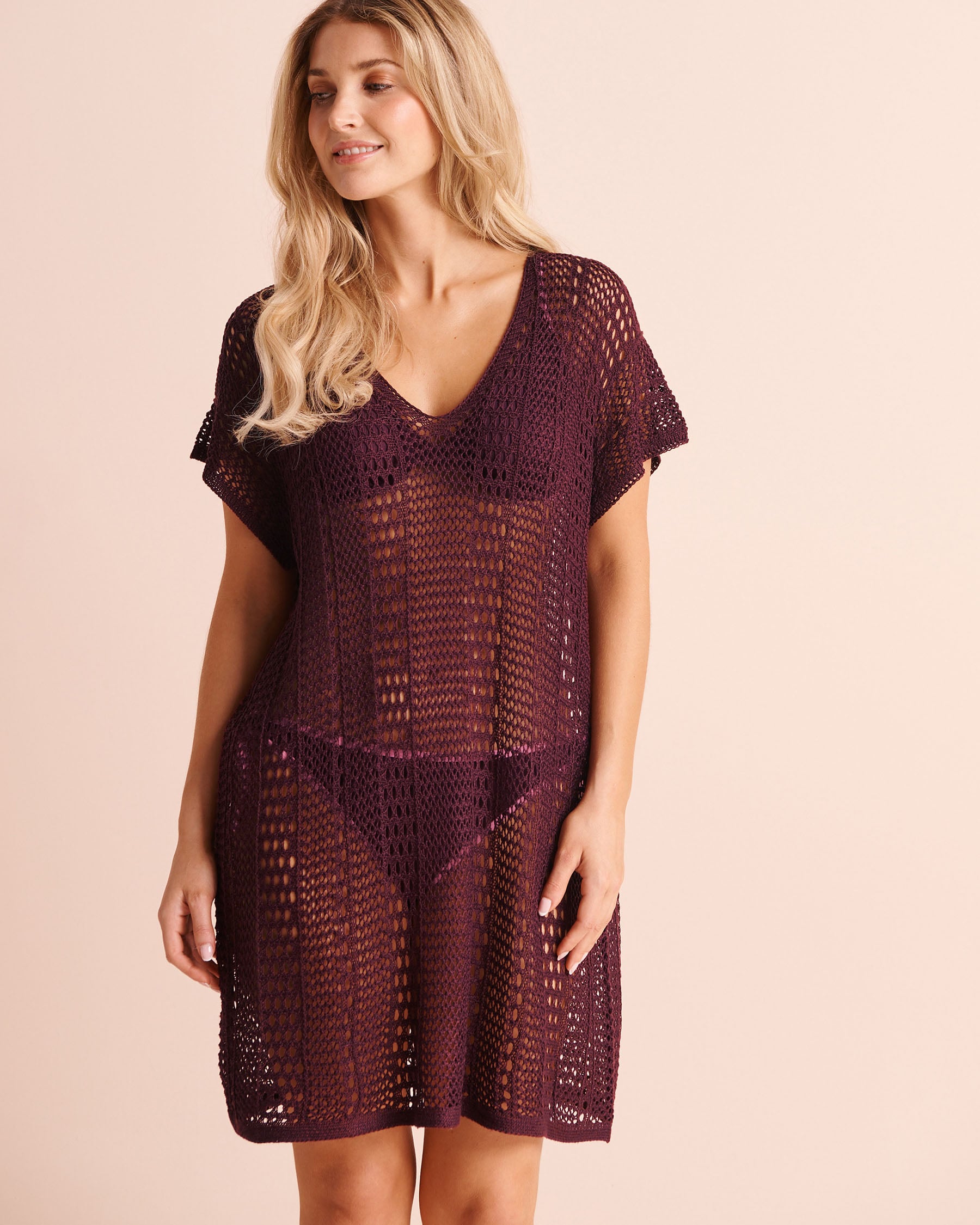 LA VIE EN ROSE AQUA Short Sleeve Crochet Tunic Burgundy 80400086 - View1