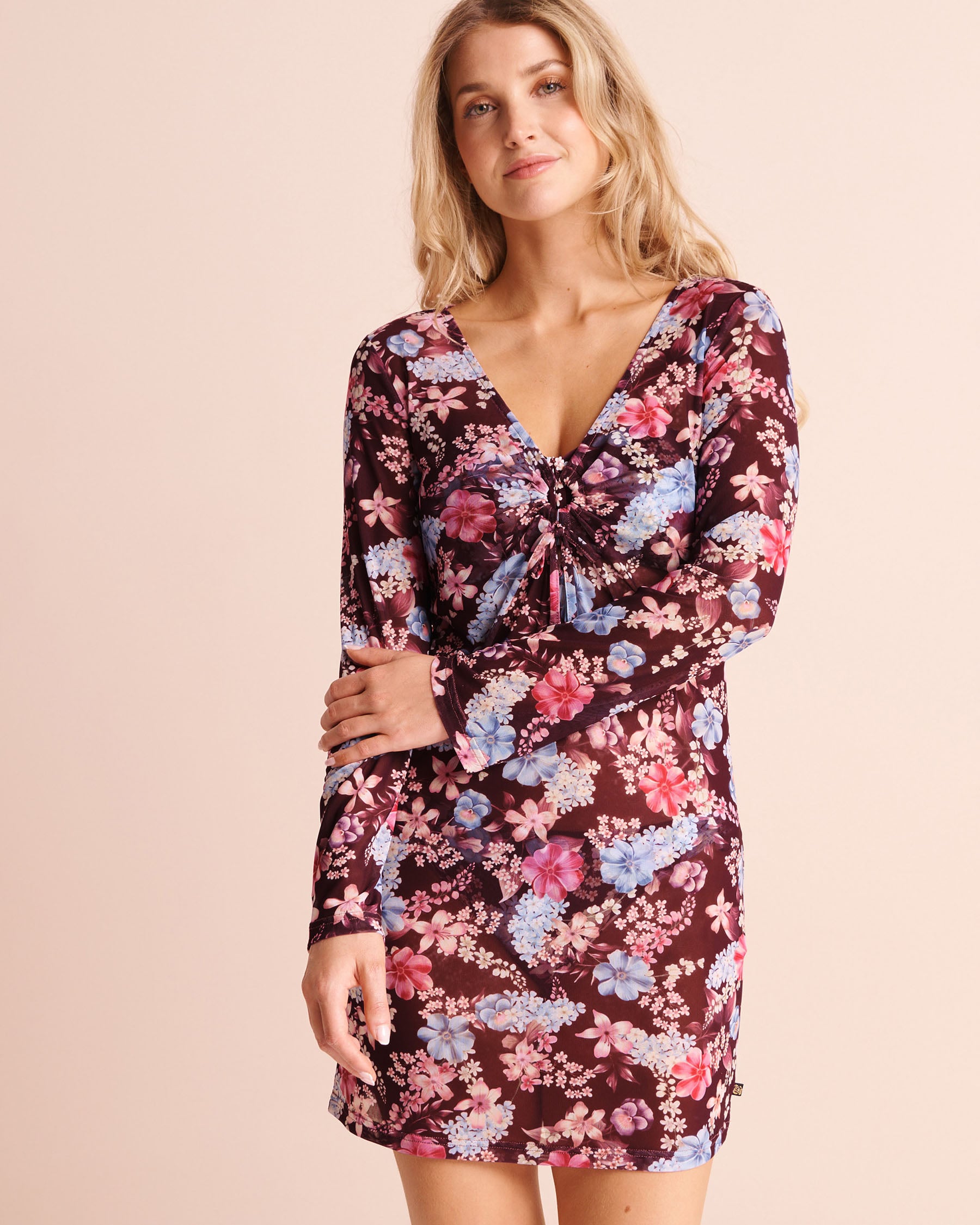 LA VIE EN ROSE AQUA Robe courte en résille imprimé tropical Floral bourgogne 80400083 - View1