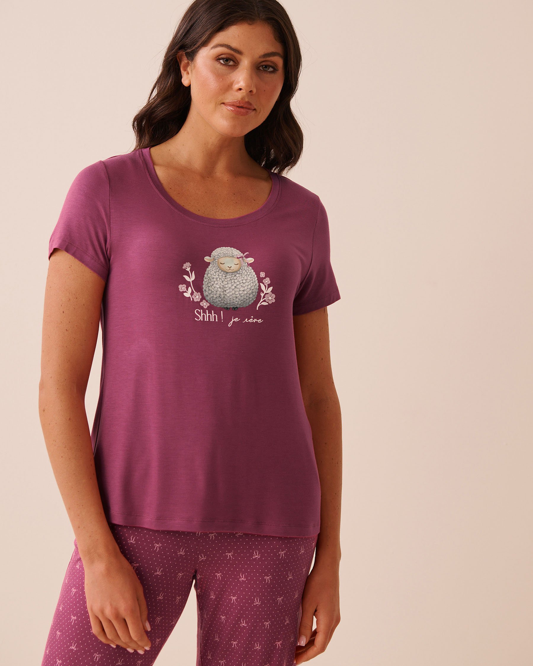 LA VIE EN ROSE Sheep Print Soft Jersey Short Sleeve T-shirt Magenta/Sheep 60100212 - View1