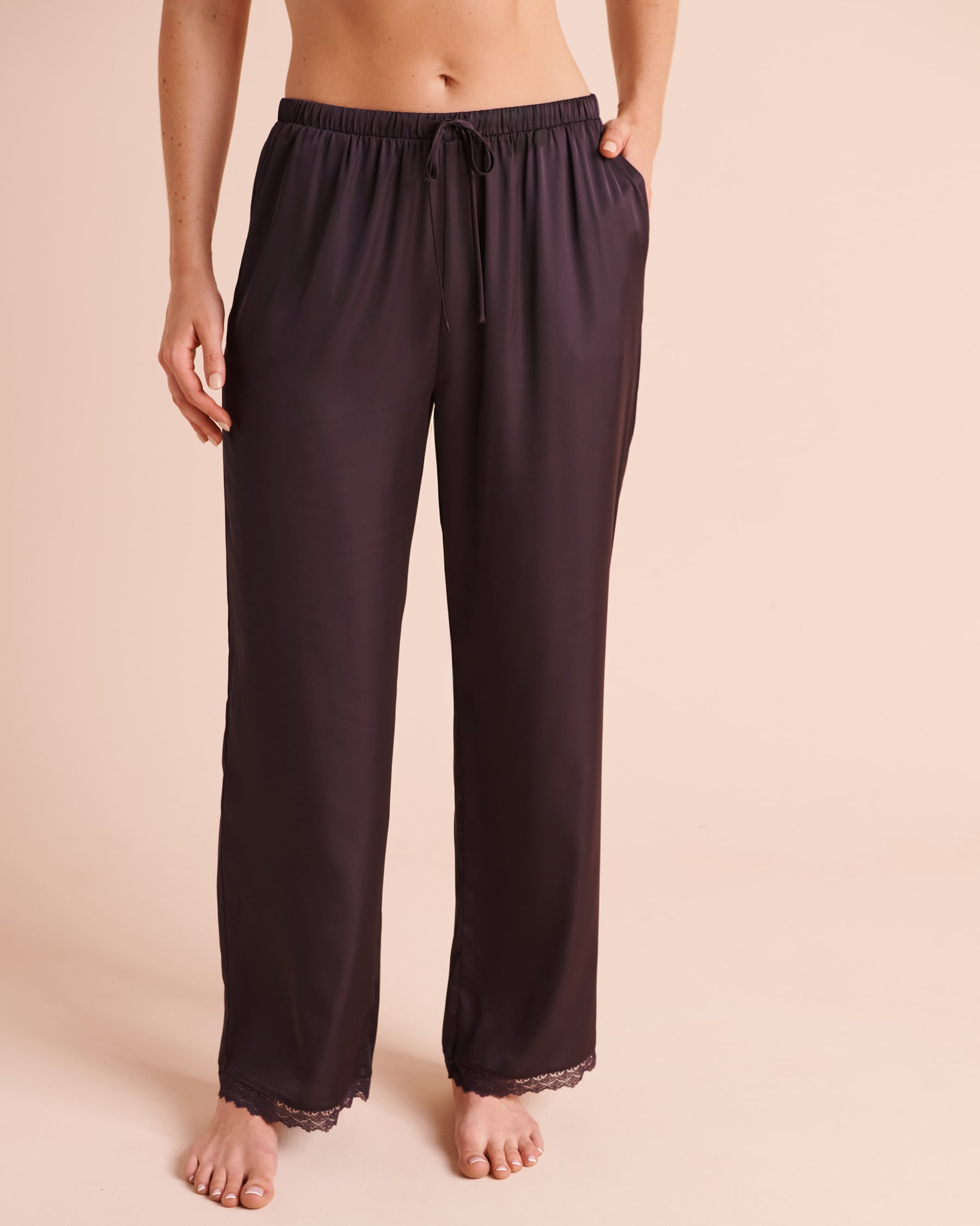 LA VIE EN ROSE Lace Trim Satin Pants Dark Plum 60200202 - View1