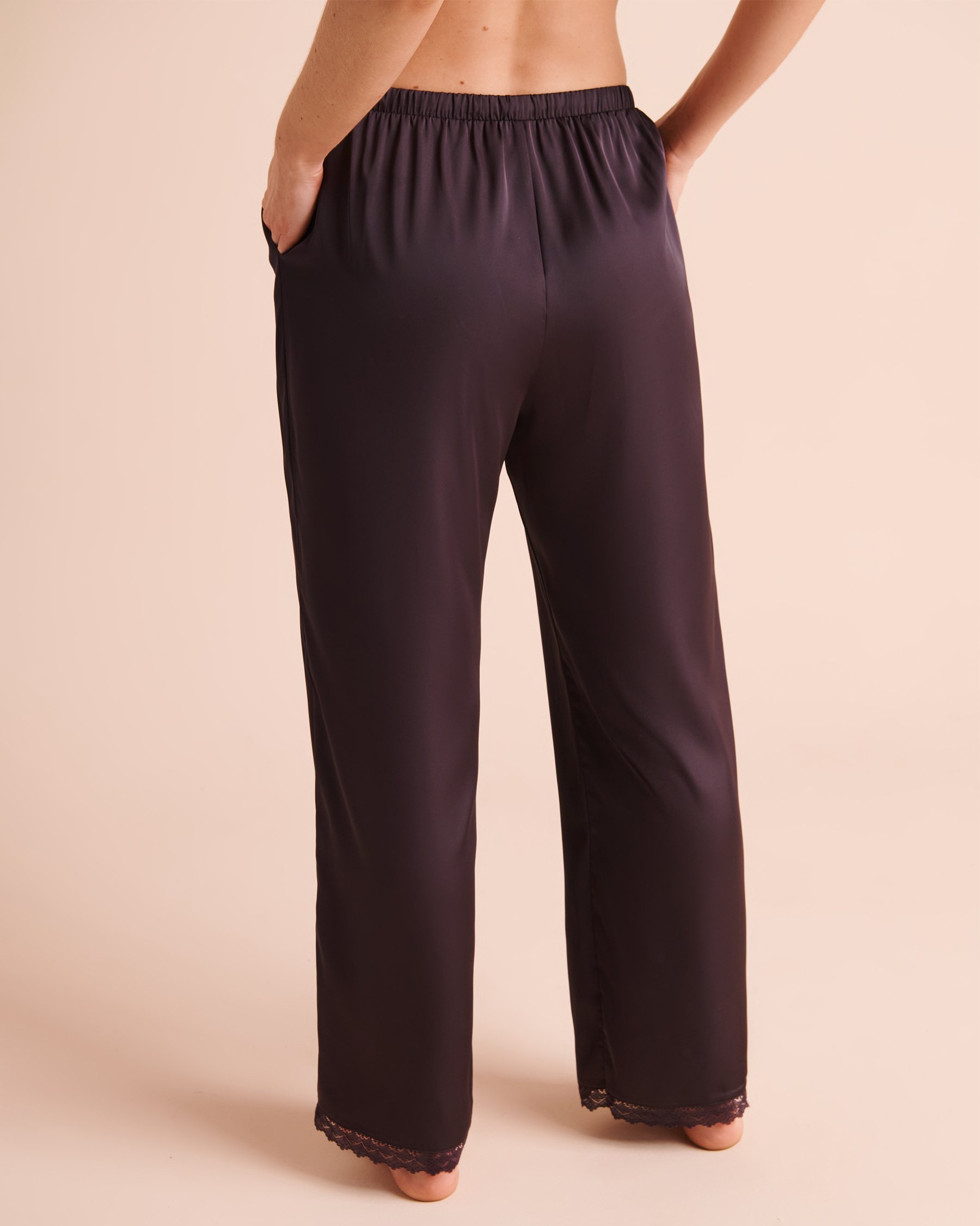 LA VIE EN ROSE Lace Trim Satin Pants Dark Plum 60200202 - View2