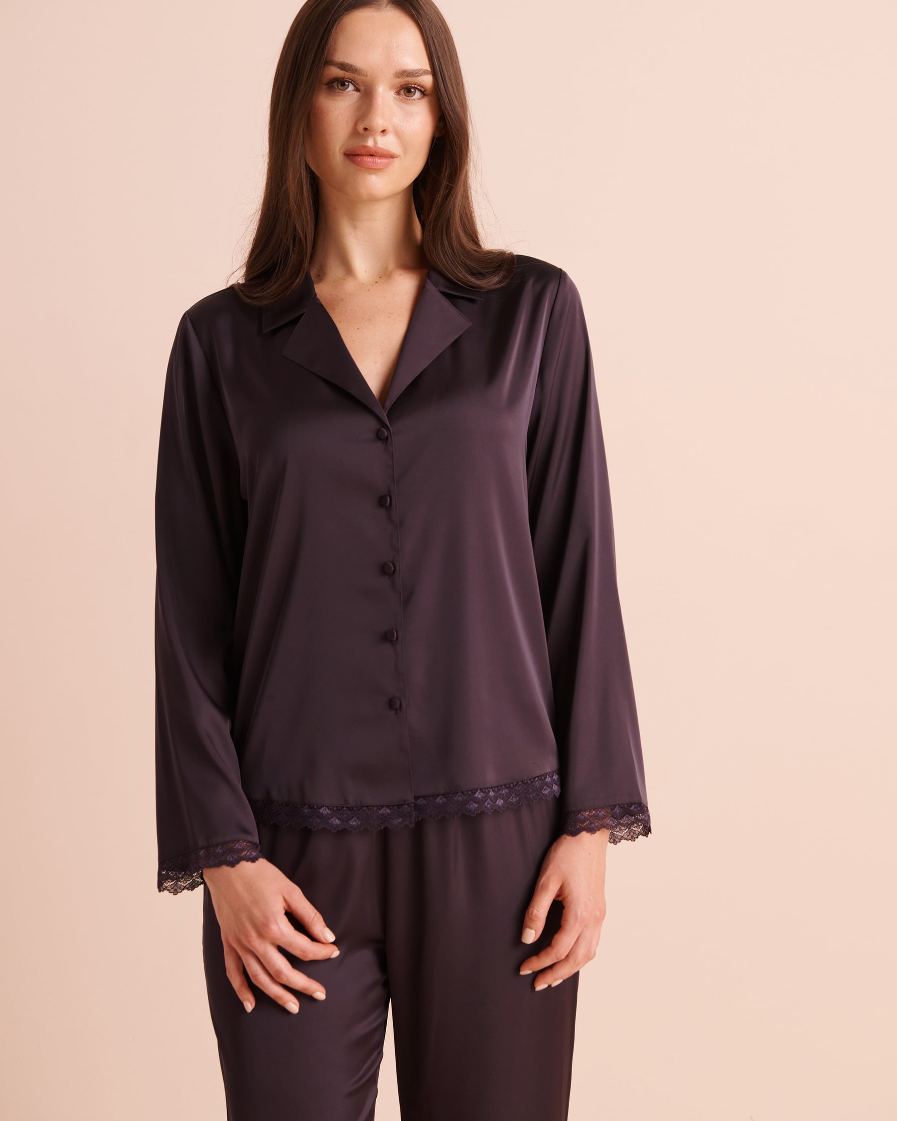 LA VIE EN ROSE Satin Long Sleeve Button-down Shirt Dark Plum 60100207 - View1