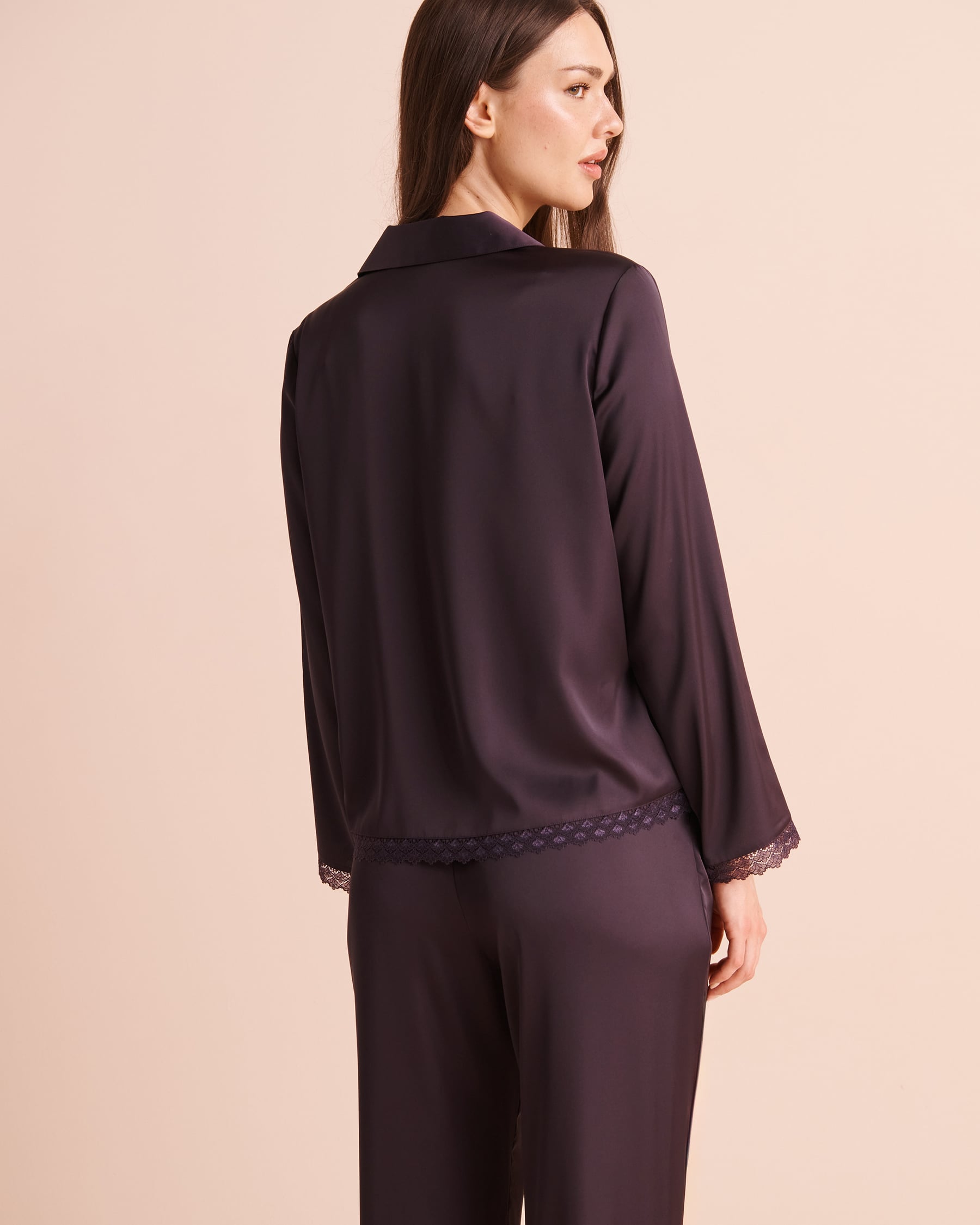 LA VIE EN ROSE Satin Long Sleeve Button-down Shirt Dark Plum 60100207 - View2