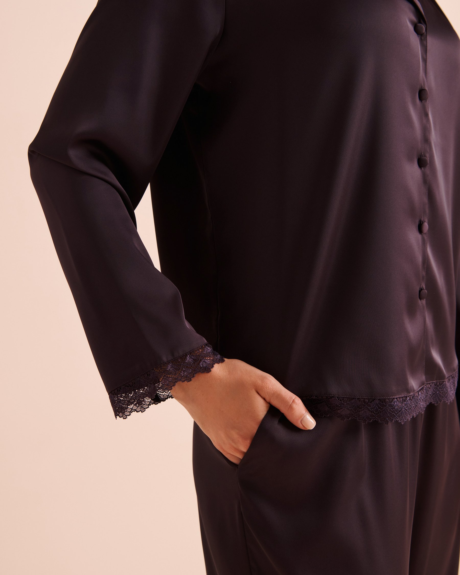 LA VIE EN ROSE Satin Long Sleeve Button-down Shirt Dark Plum 60100207 - View3