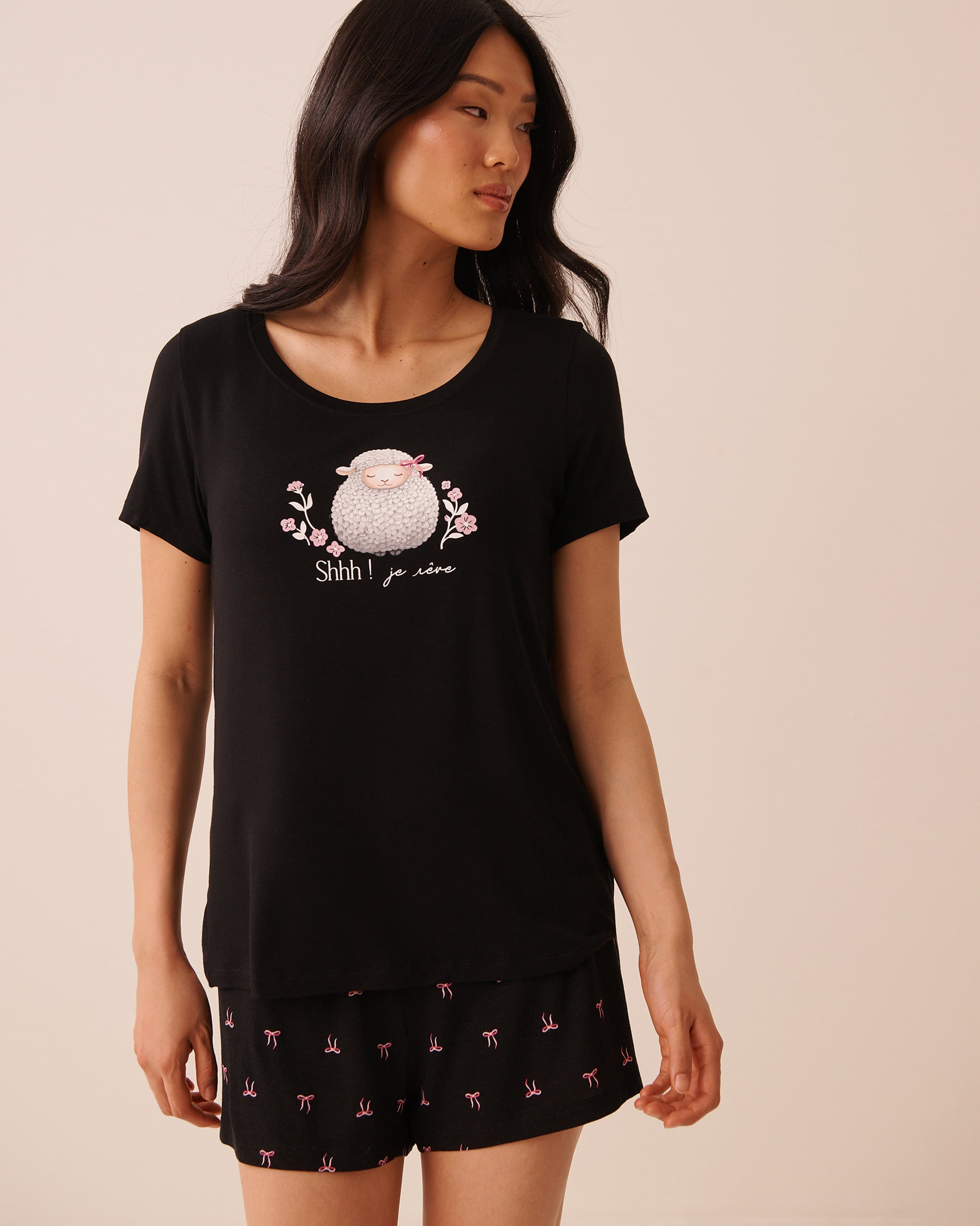 LA VIE EN ROSE T-shirt manches courtes en jersey doux imprimé mouton Noir/Mouton 60100212 - View1