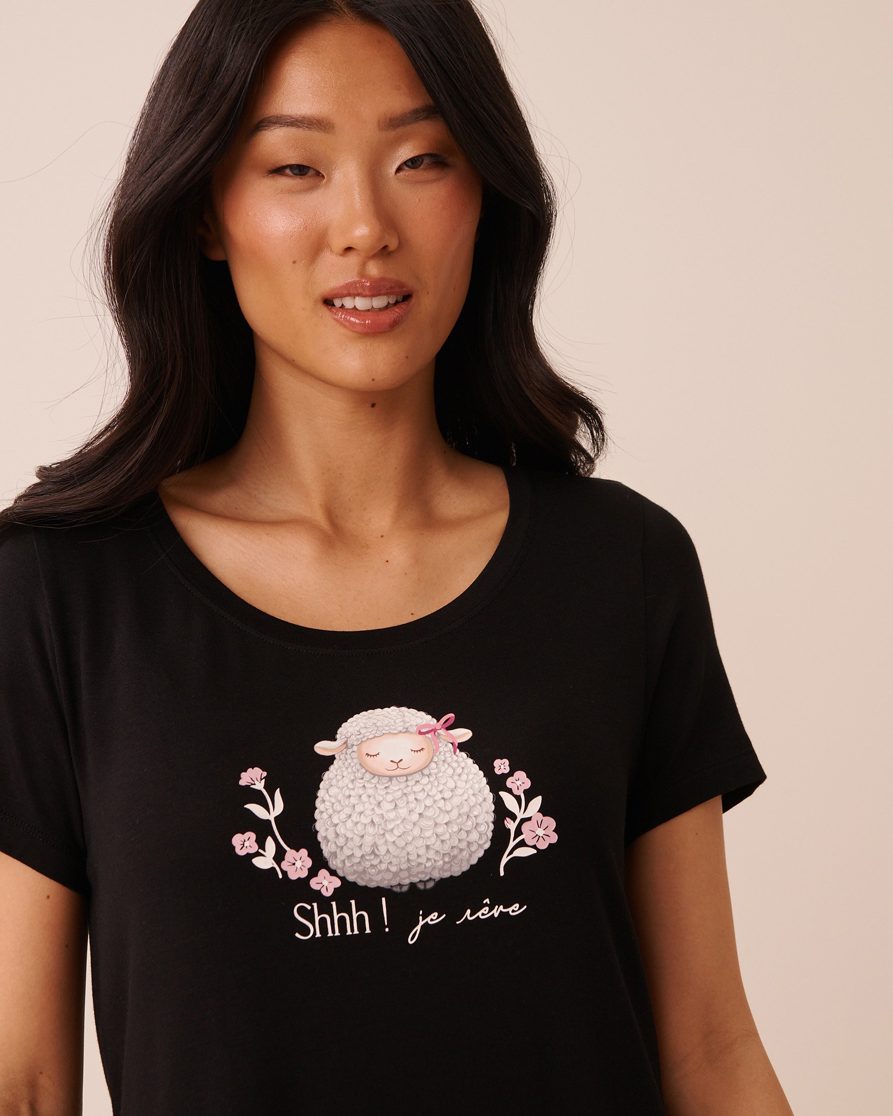 LA VIE EN ROSE T-shirt manches courtes en jersey doux imprimé mouton Noir/Mouton 60100212 - View3
