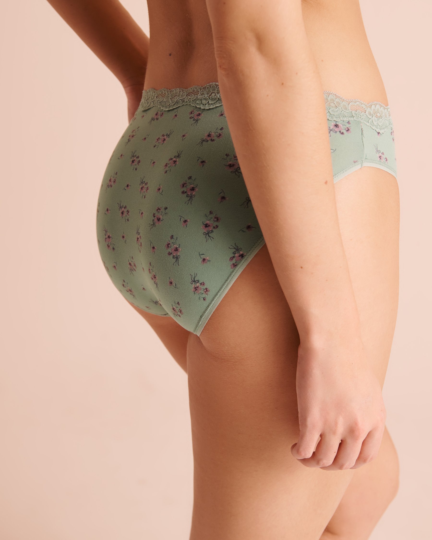 LA VIE EN ROSE Culotte bikini ultra douce bordure de dentelle Vert/Fleurs roses 20100825 - View2