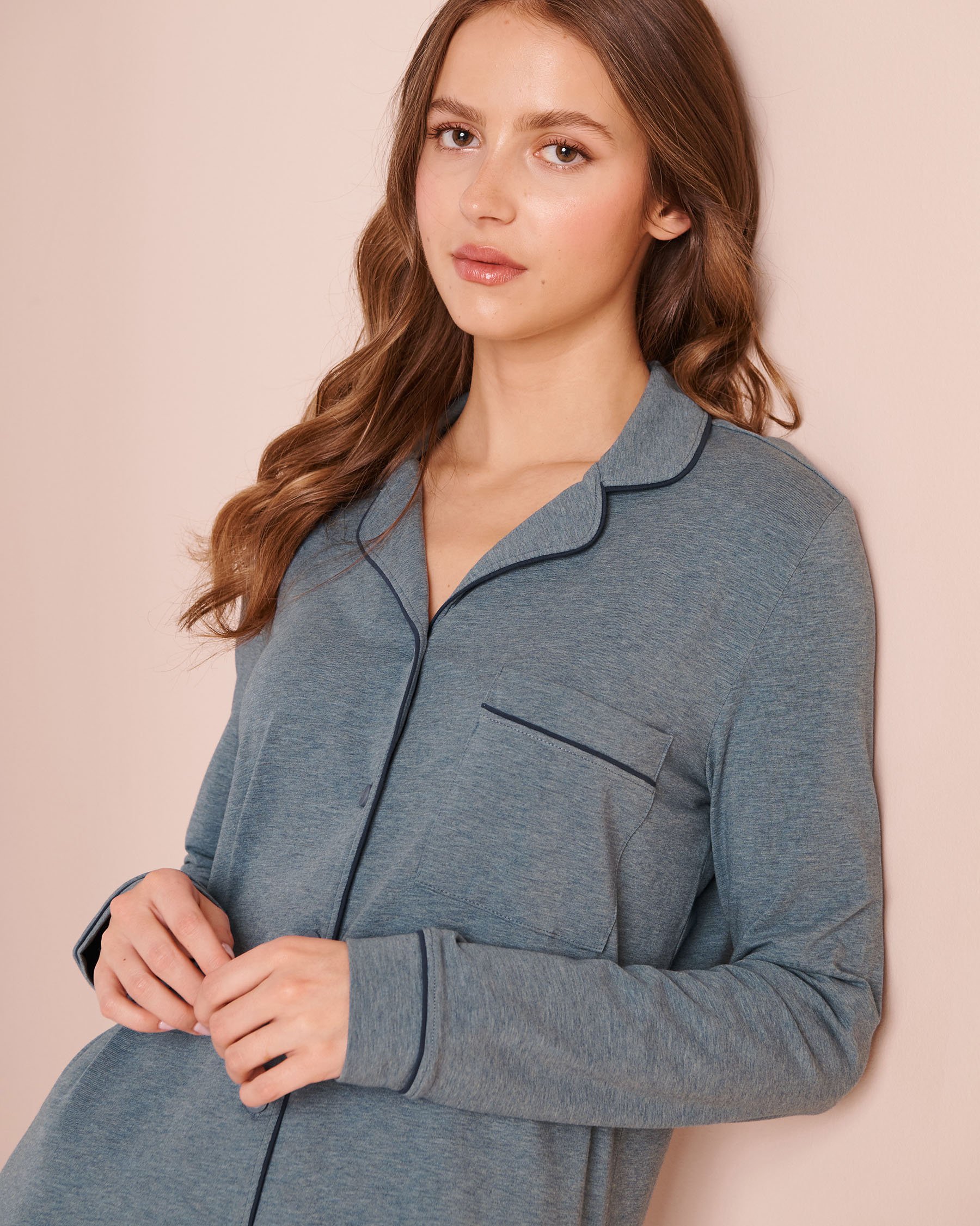 LA VIE EN ROSE Chemise de nuit boutonnée manches longues en coton Bleu denim 40500502 - View3