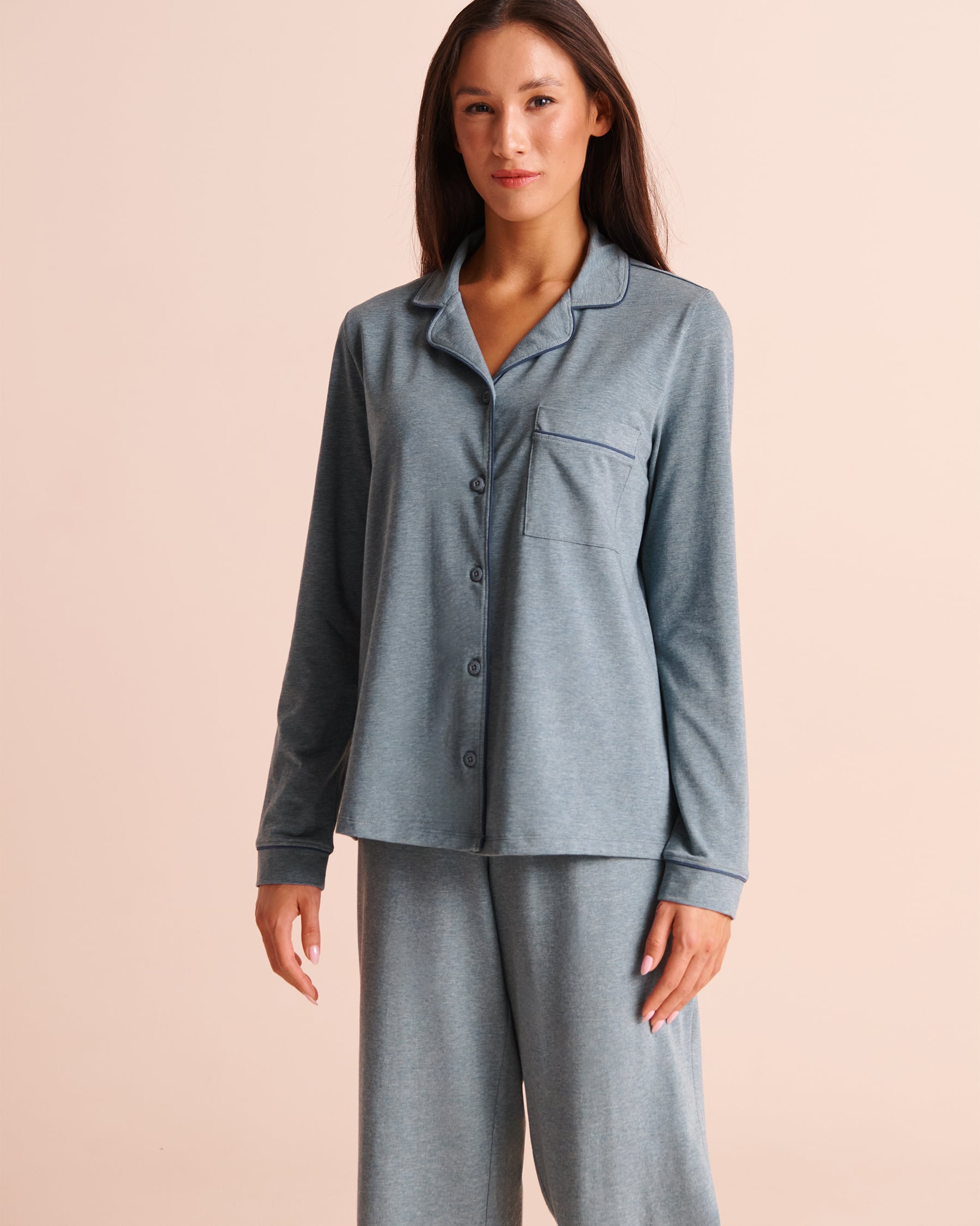 LA VIE EN ROSE Cotton Long Sleeve Button-down Shirt Denim Blue 40100894 - View1