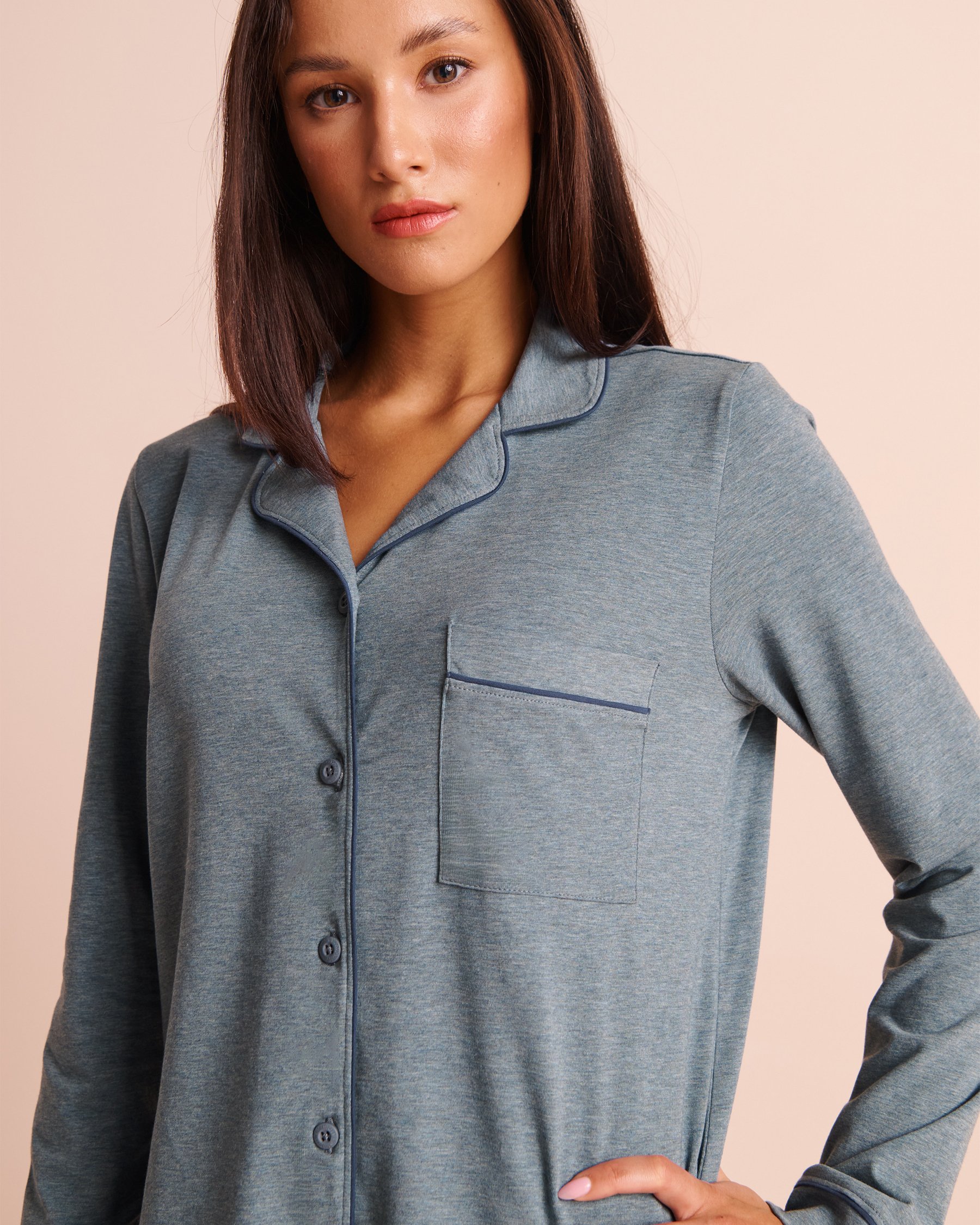 LA VIE EN ROSE Cotton Long Sleeve Button-down Shirt Denim Blue 40100894 - View3