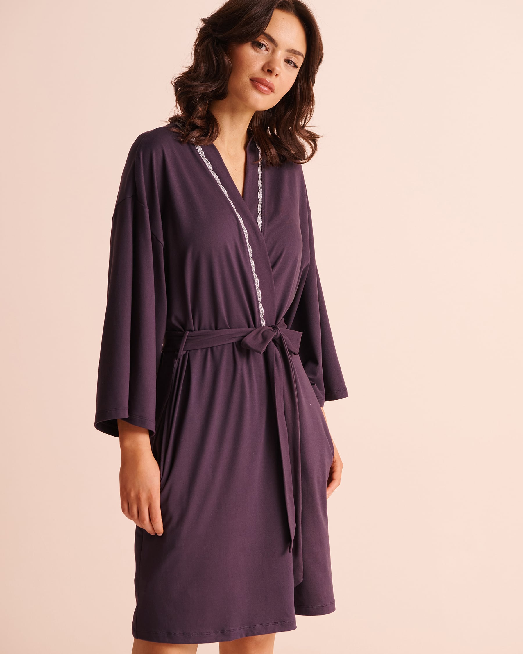LA VIE EN ROSE Lace-Trim Super Soft Kimono Dark Plum 40600235 - View1
