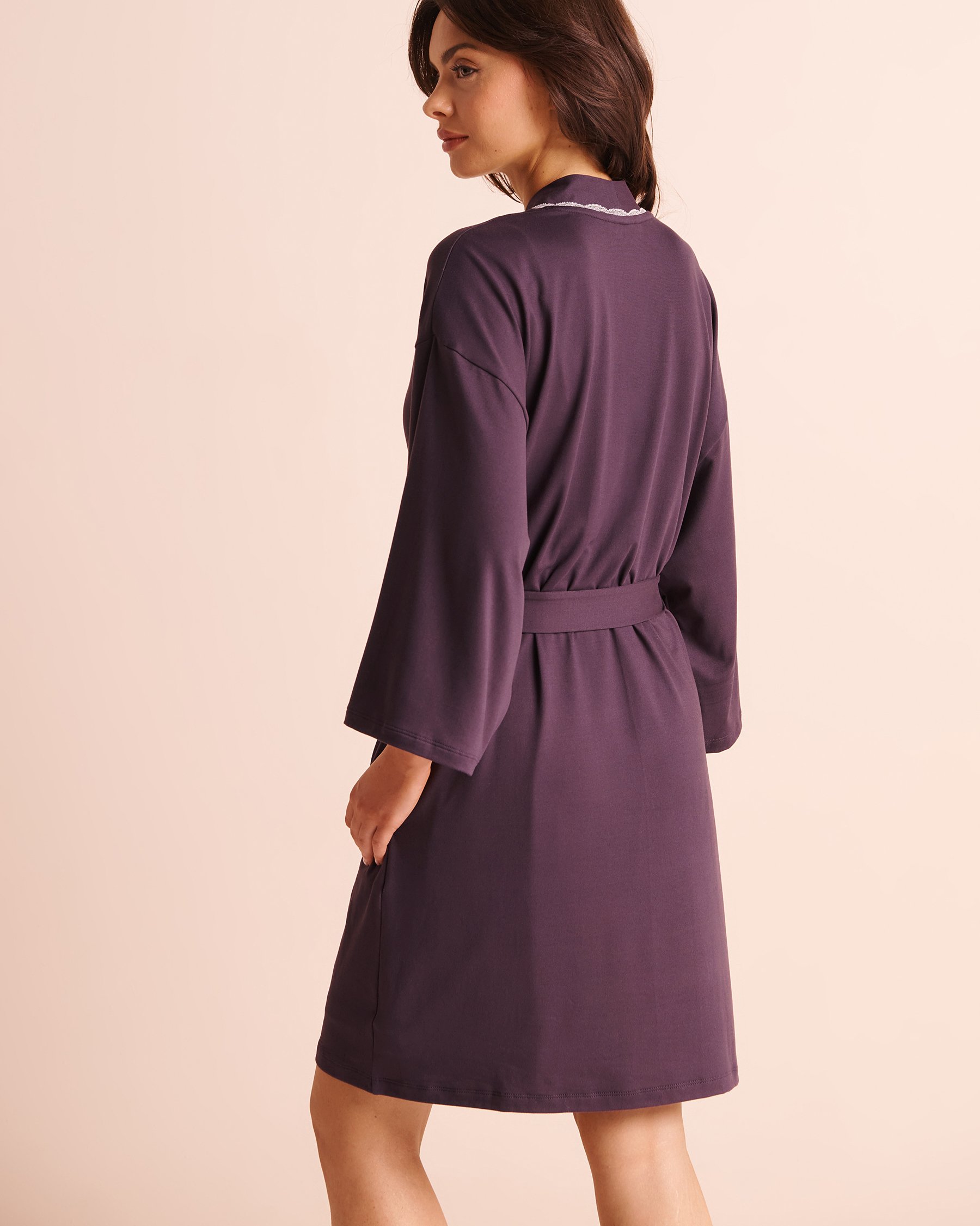 LA VIE EN ROSE Lace-Trim Super Soft Kimono Dark Plum 40600235 - View2