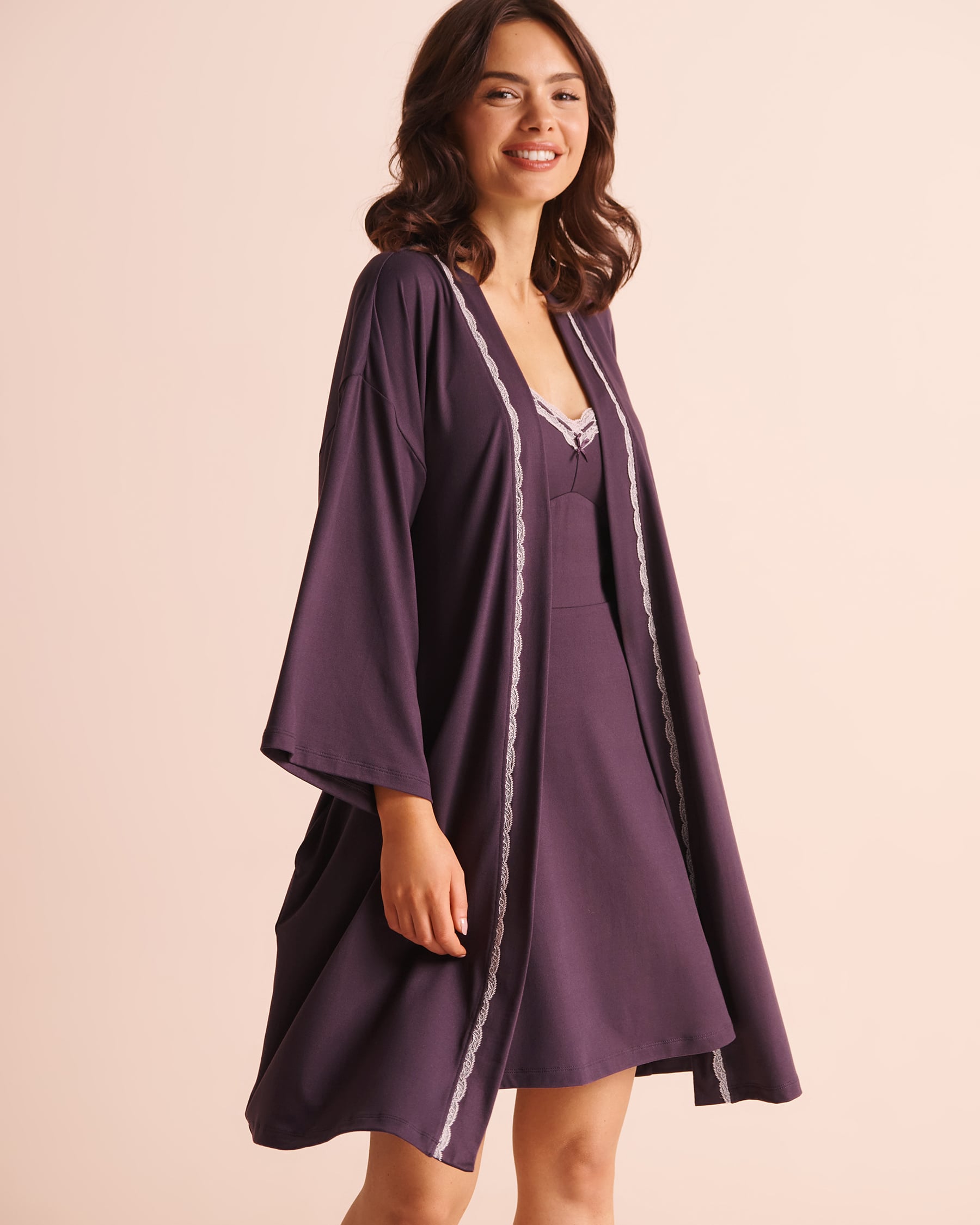LA VIE EN ROSE Lace-Trim Super Soft Kimono Dark Plum 40600235 - View4