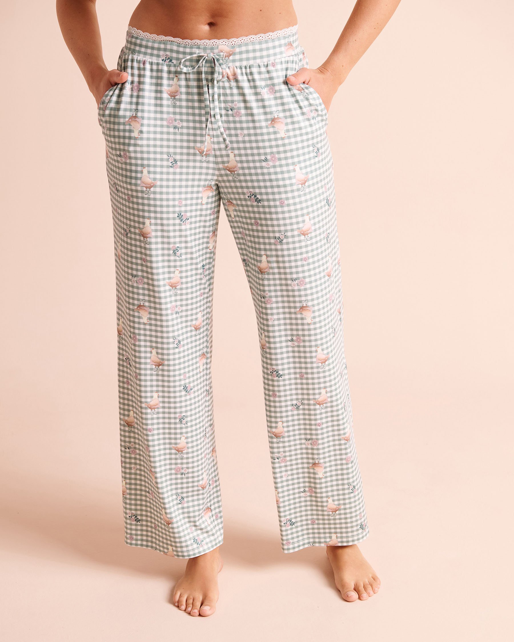 LA VIE EN ROSE Chicken Gingham Print Super Soft Pajama Pants Green Gingham/Chicken 40200889 - View1