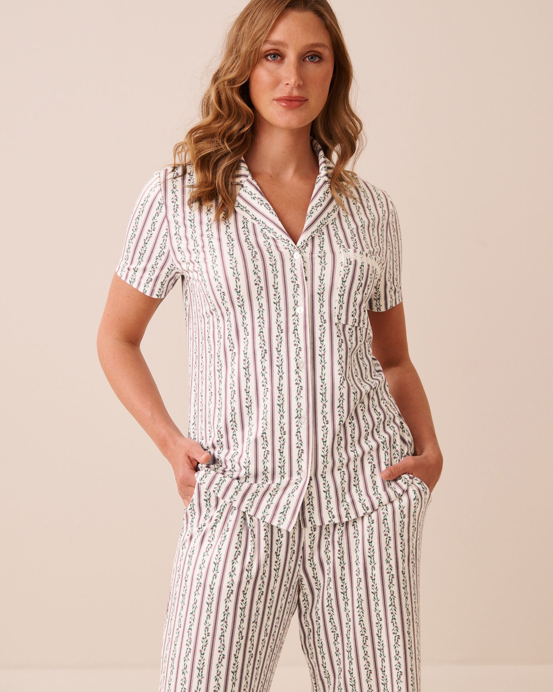 LA VIE EN ROSE Floral Stripe Print Super Soft Short Sleeve Button-down Shirt Floral Stripe 40100905 - View1
