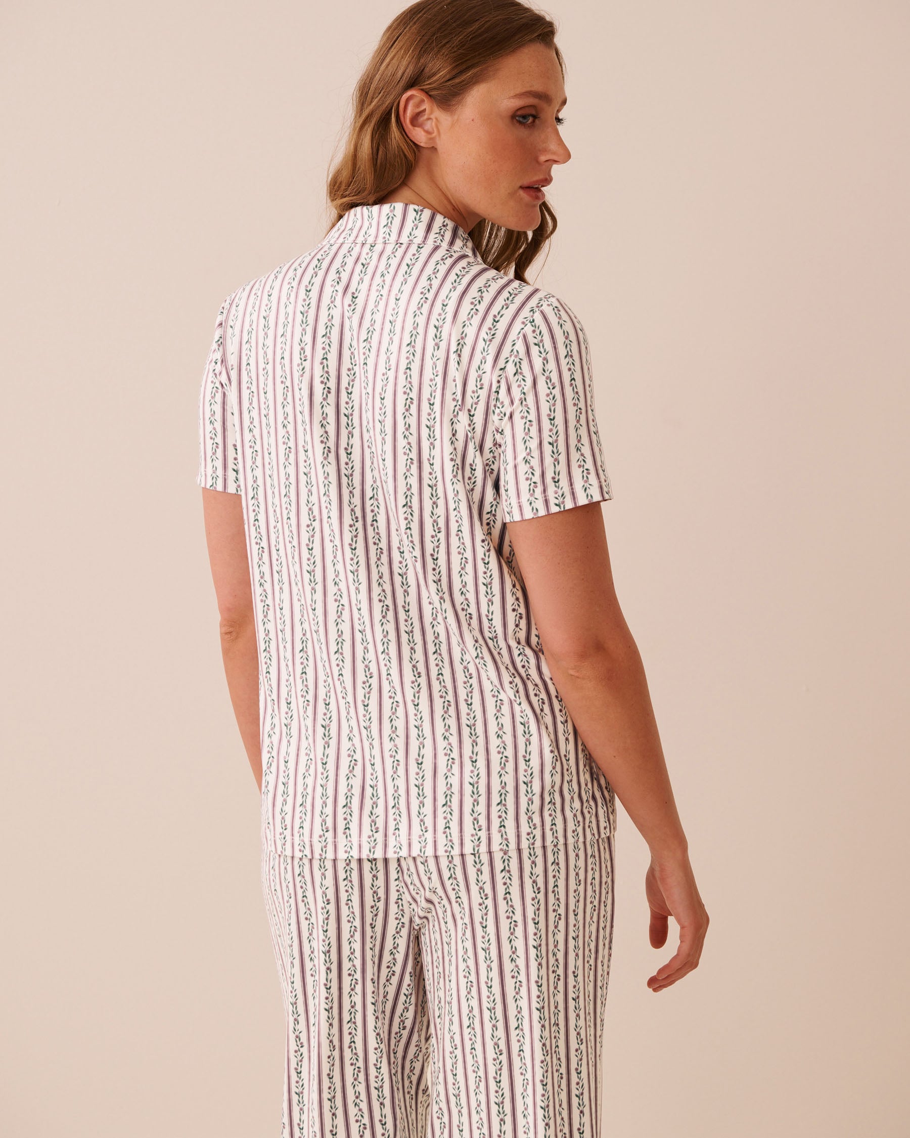 LA VIE EN ROSE Floral Stripe Print Super Soft Short Sleeve Button-down Shirt Floral Stripe 40100905 - View2