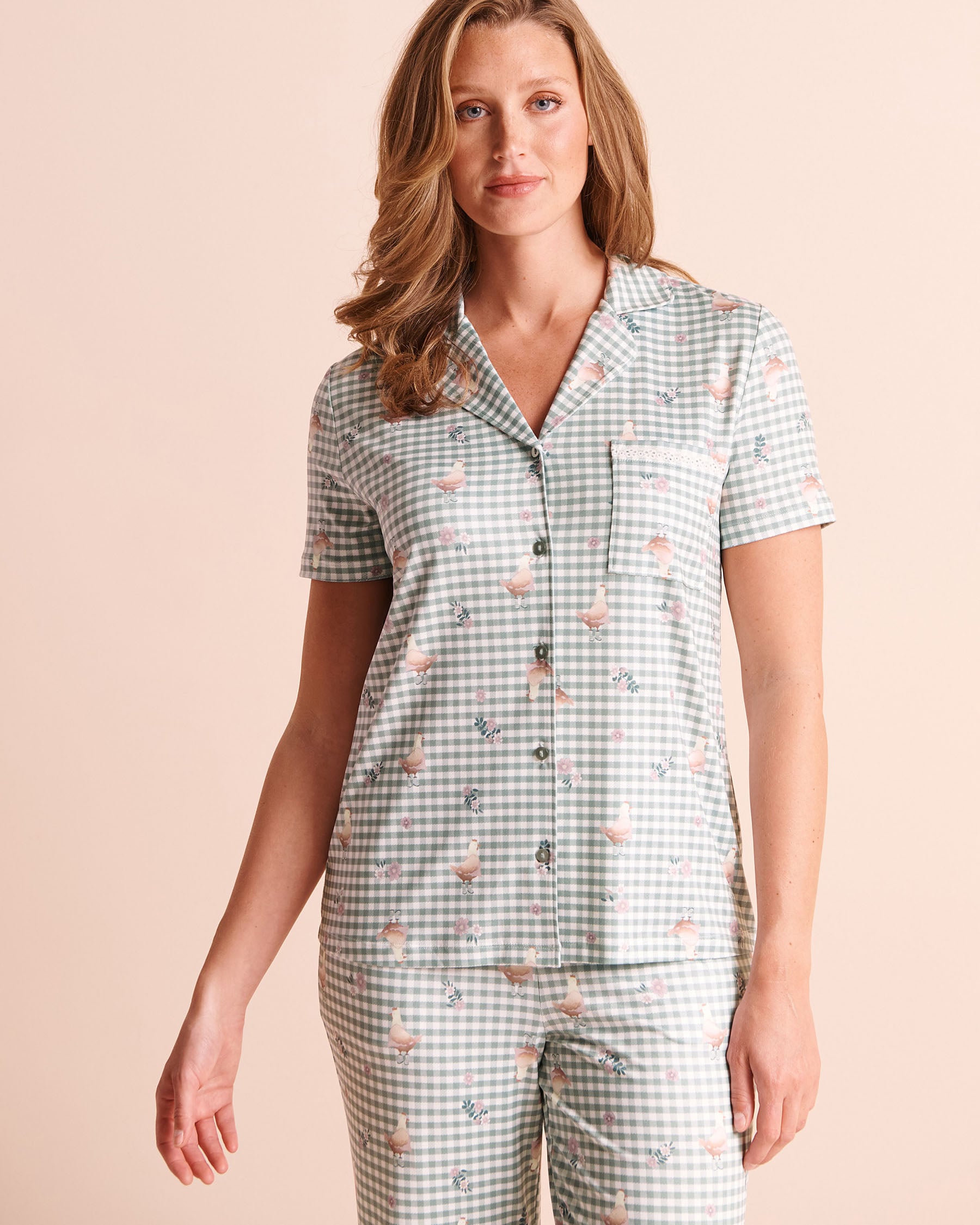 LA VIE EN ROSE Chicken Gingham Print Super Soft Short Sleeve Button-down Shirt Green Gingham/Chicken 40100905 - View1