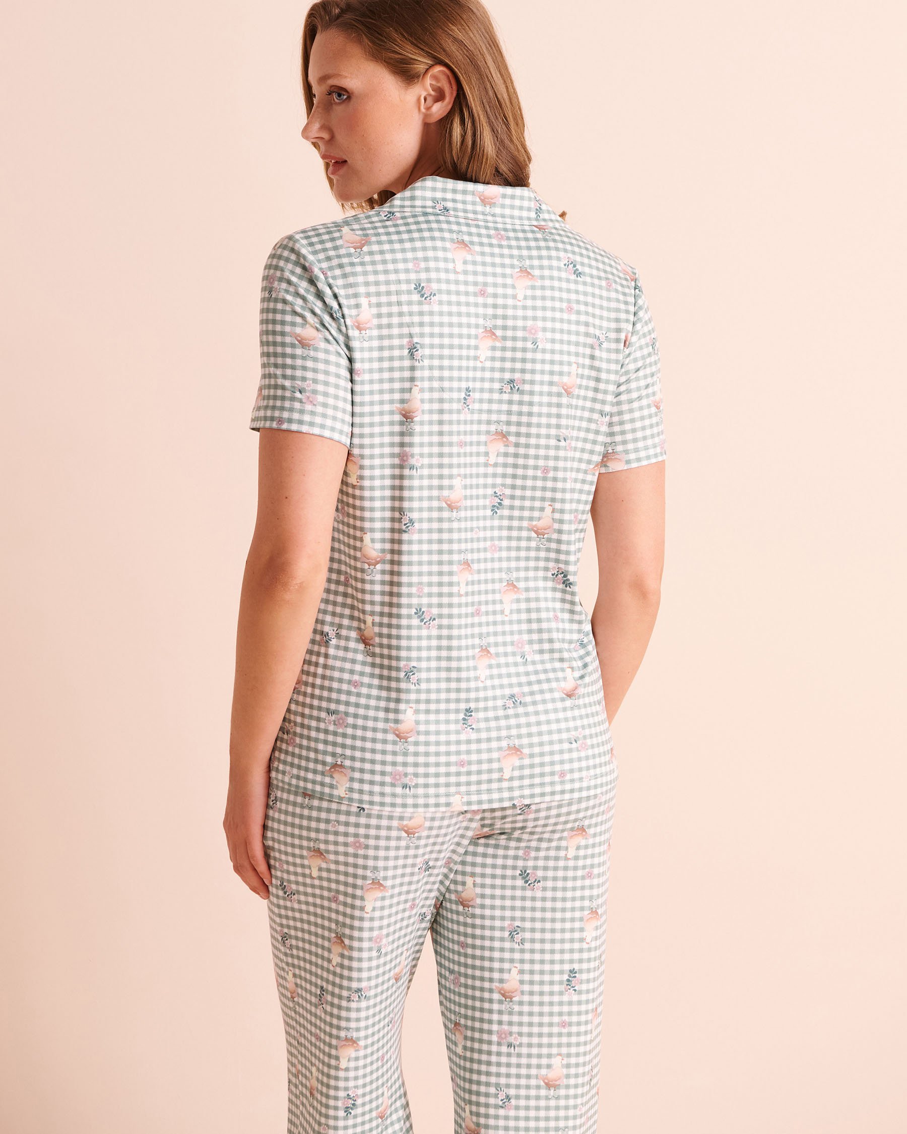 LA VIE EN ROSE Chicken Gingham Print Super Soft Short Sleeve Button-down Shirt Green Gingham/Chicken 40100905 - View2