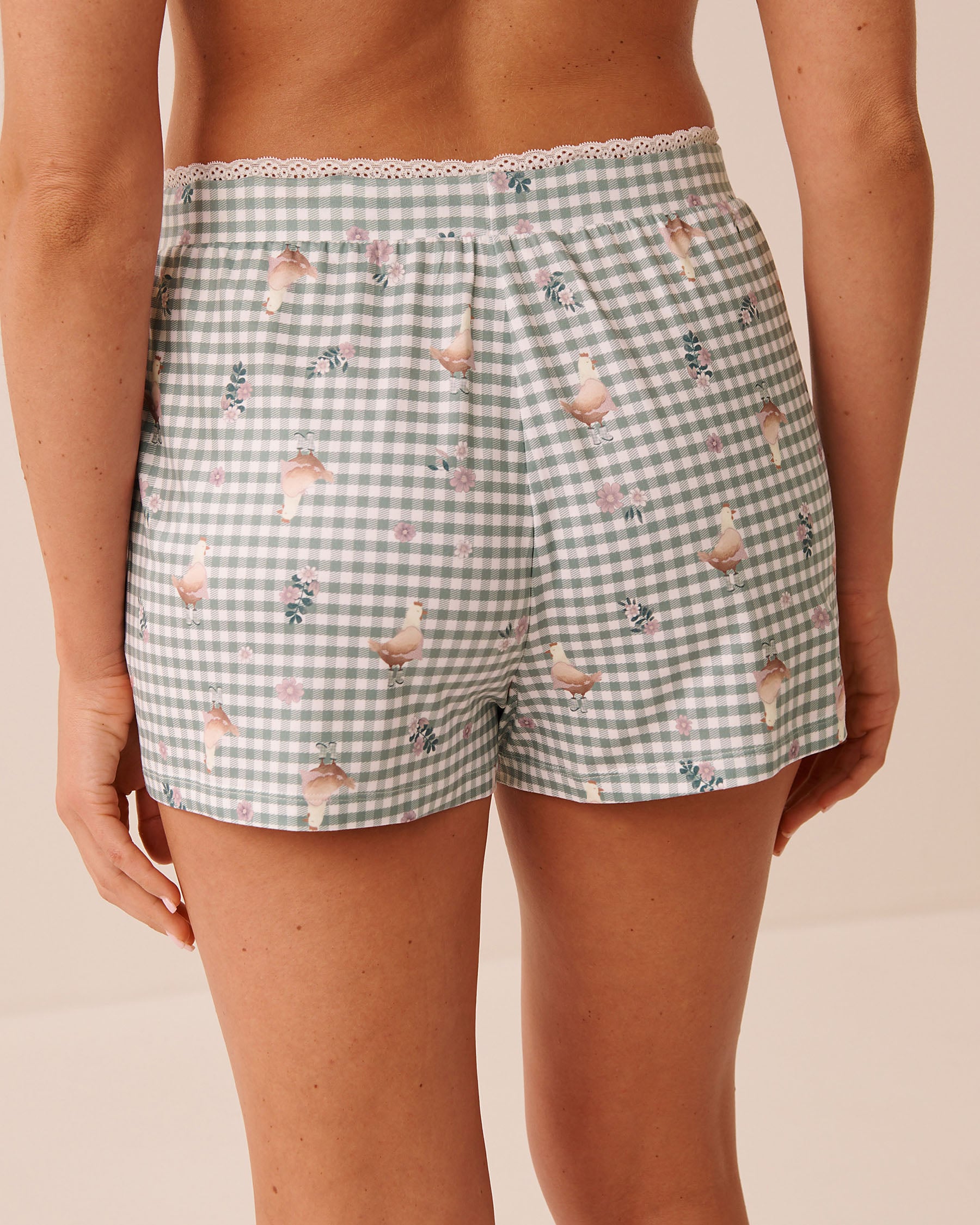 LA VIE EN ROSE Chicken Gingham Print Super Soft Pajama Shorts Green Gingham/Chicken 40200890 - View2