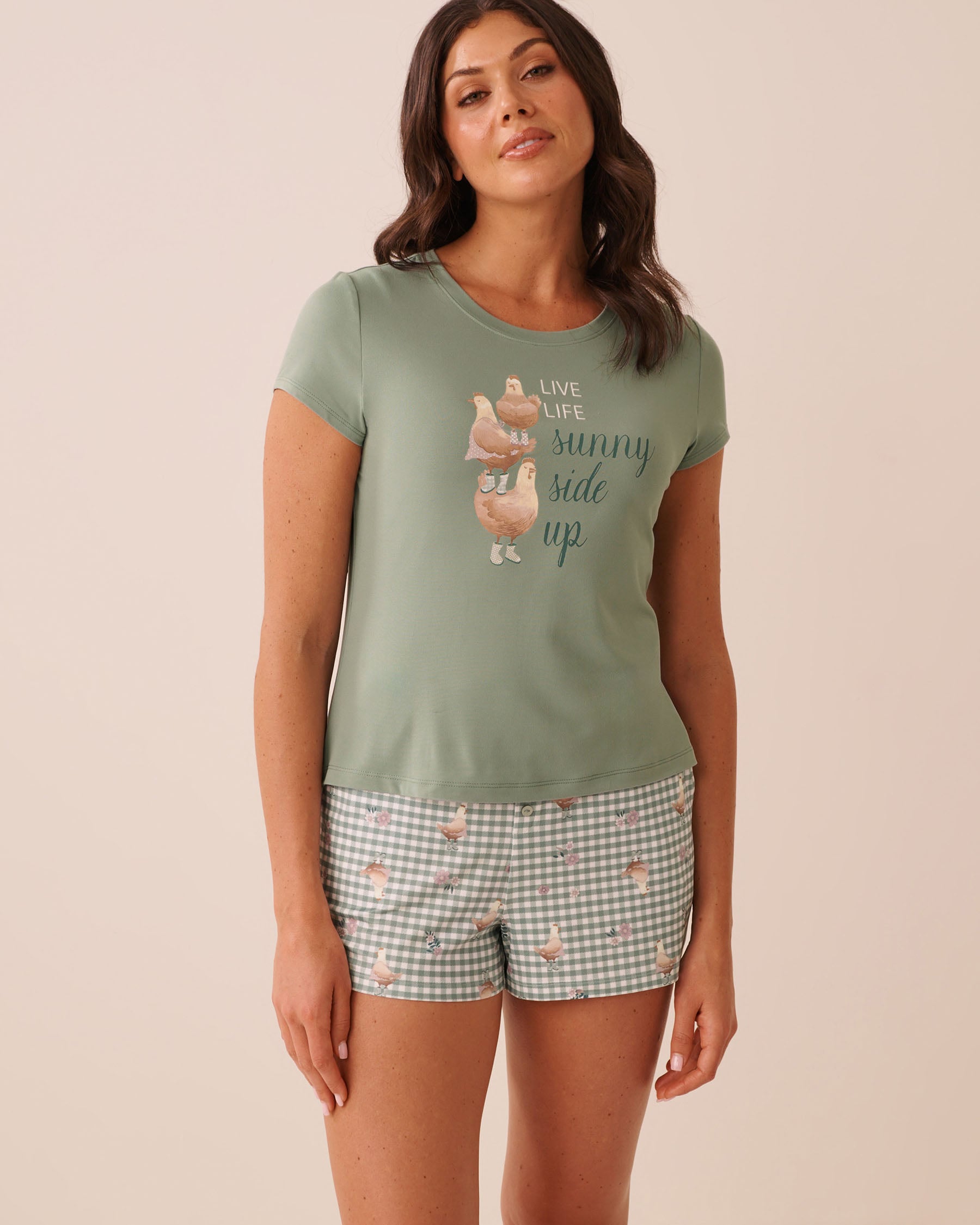 LA VIE EN ROSE Chicken Print Super Soft Short Sleeve T-shirt Green 40100903 - View1