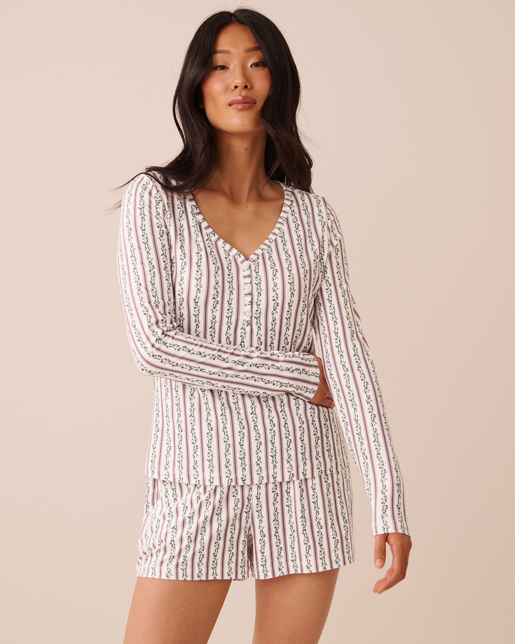 LA VIE EN ROSE Floral Stripe Print Super Soft Long Sleeve Henley Shirt Floral Stripe 40100906 - View1