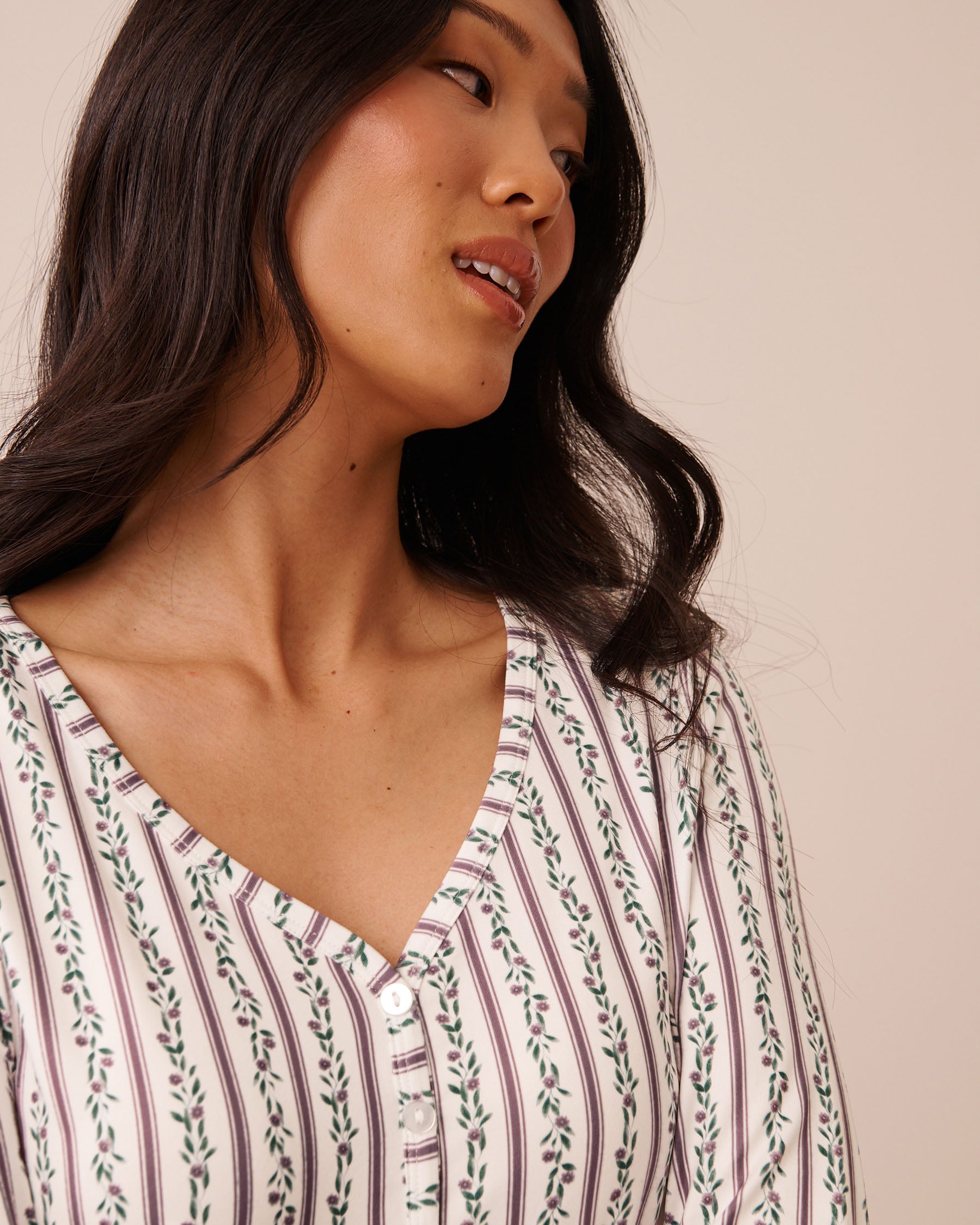 LA VIE EN ROSE Floral Stripe Print Super Soft Long Sleeve Henley Shirt Floral Stripe 40100906 - View3