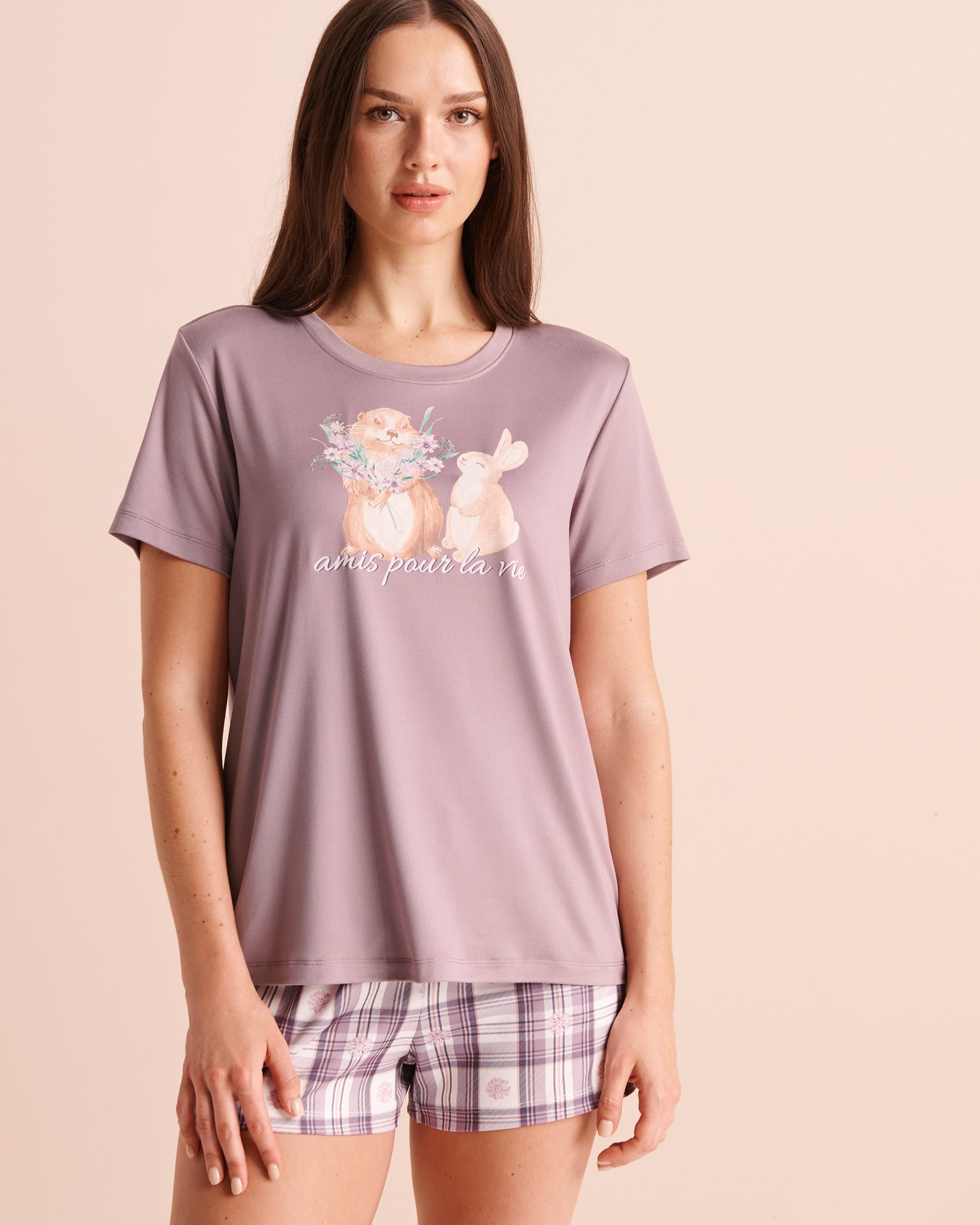 LA VIE EN ROSE Groundhog & Rabbit Print Super Soft Short Sleeve T-shirt Violet 40100897 - View1