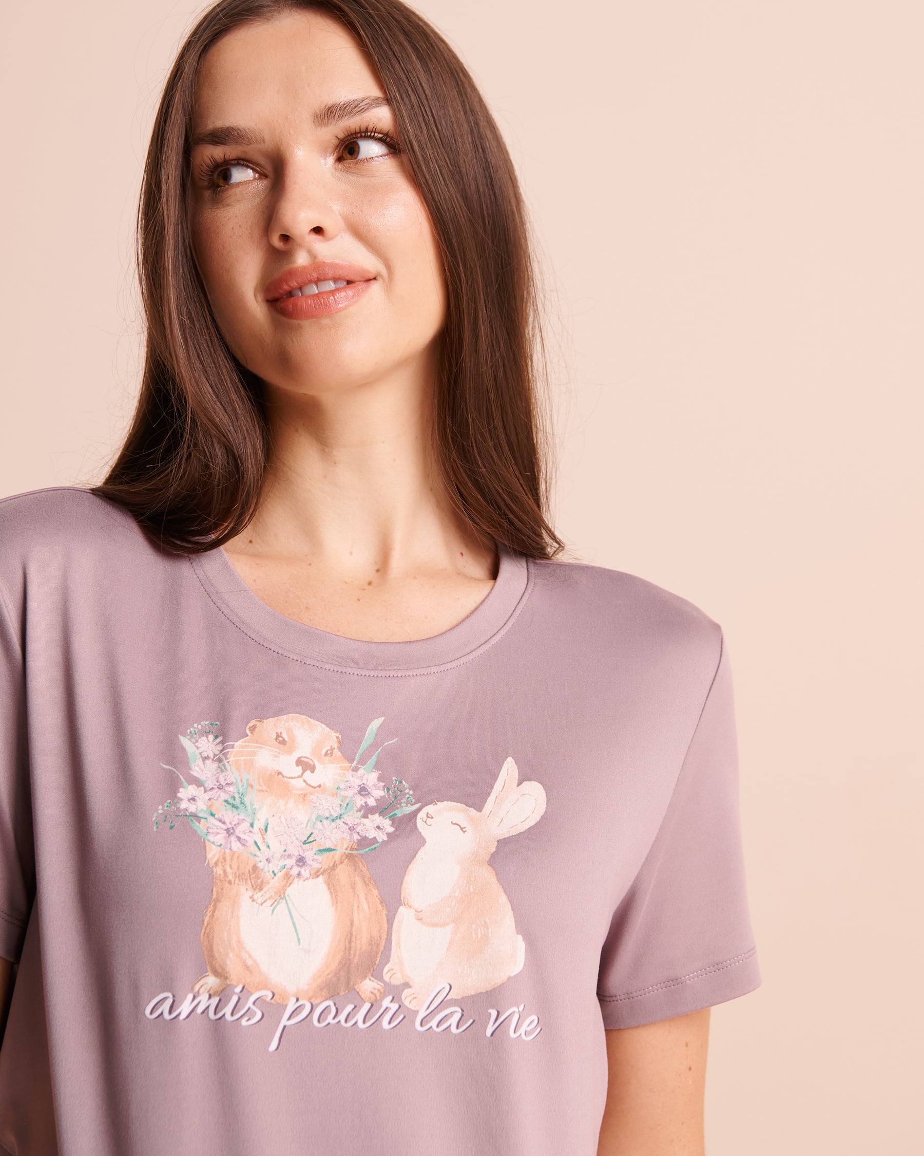 LA VIE EN ROSE Groundhog & Rabbit Print Super Soft Short Sleeve T-shirt Violet 40100897 - View3