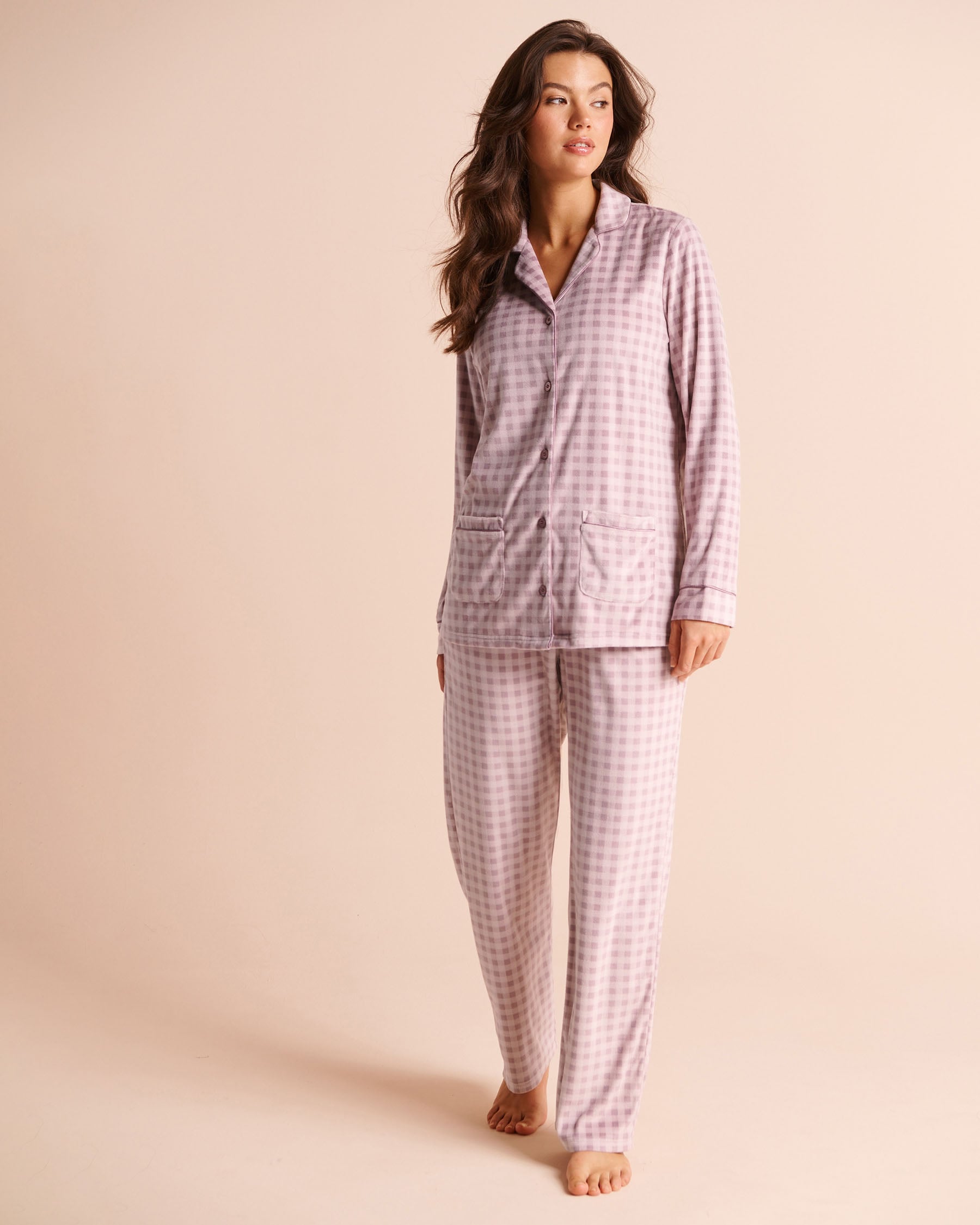 LA VIE EN ROSE Ensemble pyjama en velours peluche Vichy mauve Vichy mauve 40400100 - Voir1