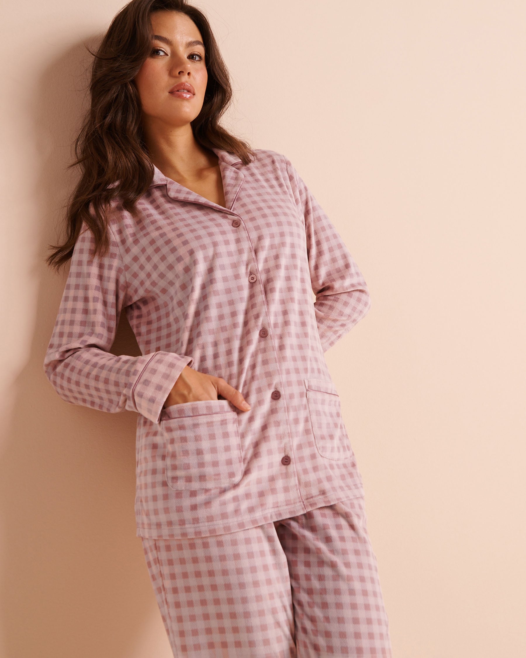 LA VIE EN ROSE Ensemble pyjama en velours peluche Vichy mauve Vichy mauve 40400100 - Voir3