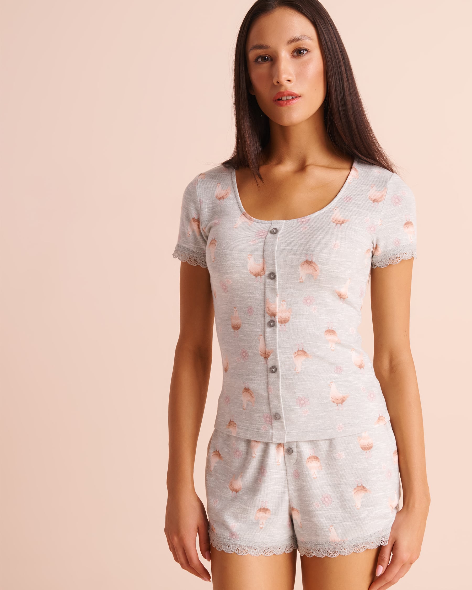 LA VIE EN ROSE T-shirt manches courtes en tricot doux bordure de dentelle imprimé poules Gris/Poules 40100895 - View1