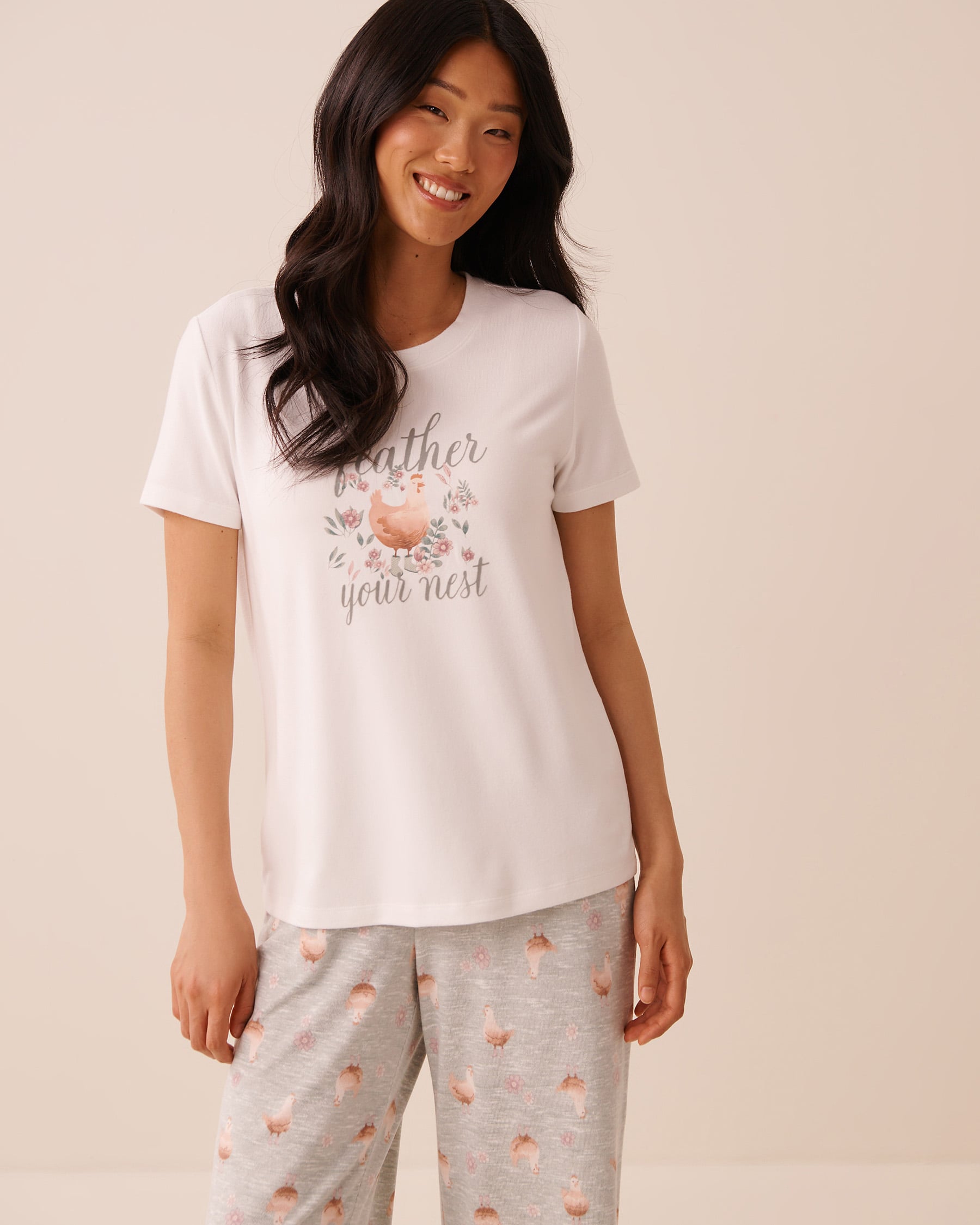 LA VIE EN ROSE T-shirt manches courtes en tricot doux imprimé poules Blanc 40100896 - View1
